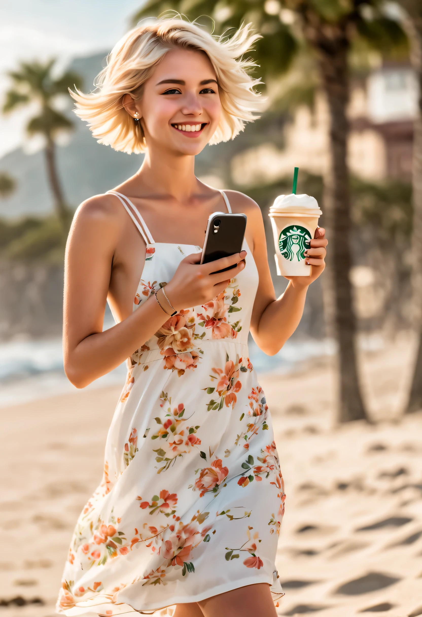 F/4.0, Sony FE General Manager, ultra high definition, high resolution, high detail, high quality, A young blonde girl with short hair is walking on the beach, (22 years old) smiling, (she is wearing a white Floral dress), (She is listening to iPhone: 1.53), (she is holding a Starbucks coFFee in the other hand: 1.53), and the photo shows the girl walk sideways, (walk sideways: 1.37) hair down to calves, bright sunshine