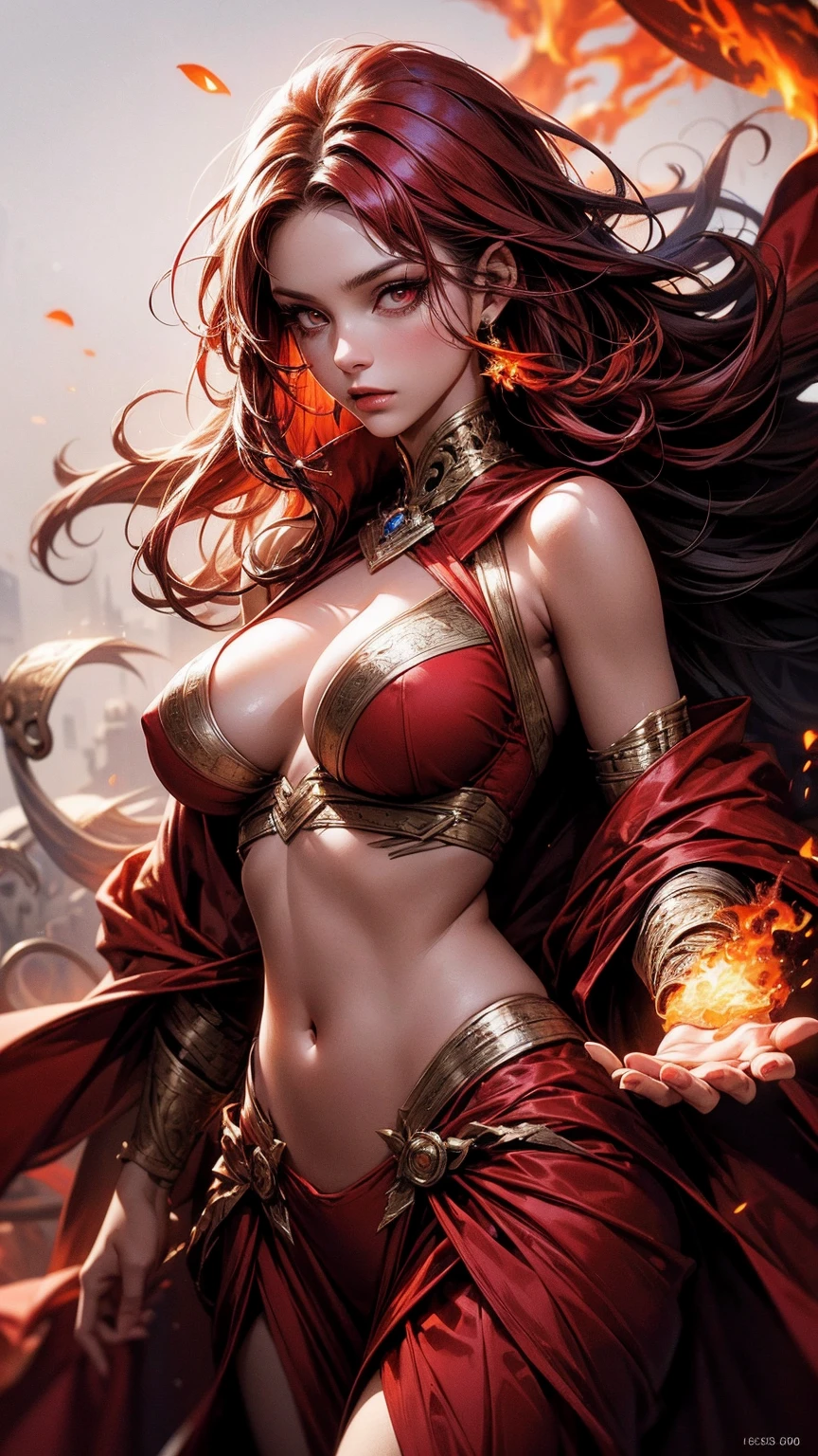 A 30 year old women, red gown, gown on fire, red hair, long hair , red eyes, nose, navel, big breast, slim waist, white skin, flame empress, fire background, masterpiece quality, UHD, super detailed skin, super detailed eyes, ultra detailed image, High quality, High resolution, 8k, 16k,