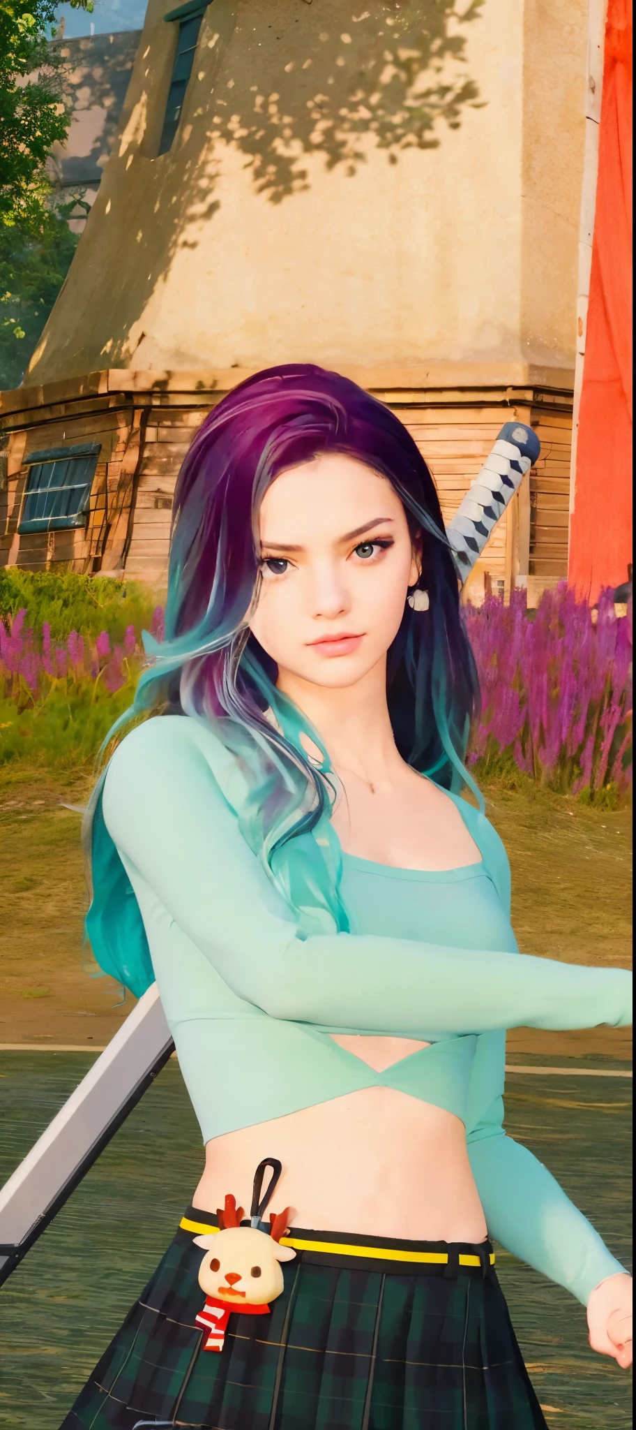 (8k, RAW Photography, top-quality, masterpiece:1.2), 1girl, 3d, voluptuous body, beautiful angry face, photogenic , 3D, Blazer uniform, long hair in curls, hands raised, school ground, s lips, High school student, schoolyard, school uniform, real, shinny skin、Beautiful delicate face、Beautiful delicate eyes、a miniskirt 、Multiple people,
