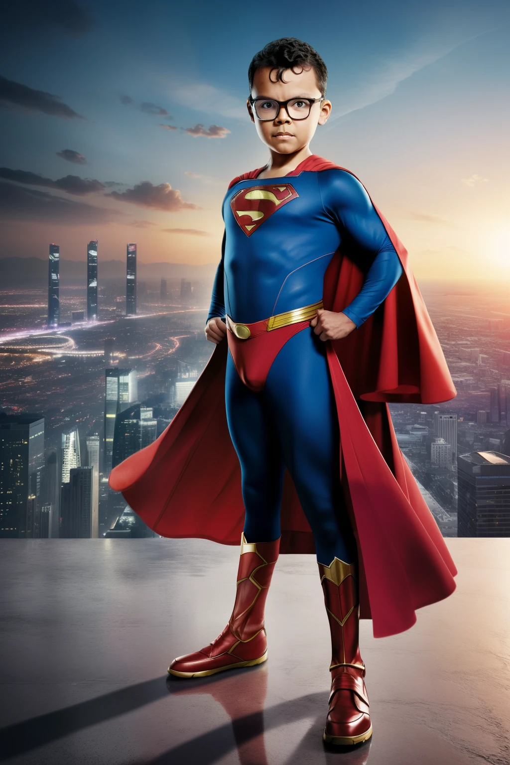 guttonerdvision4, a 3-year-old boy wearing glasses, detailed skin, detailed face, poros, whole body in the scene, wearing the Superman uniform in the center of the image posing for the photographer. The outfit is detailed with its logo on its chest and red cape fluttering its back. The outfit is from the movie "Man of steel". The boy is standing in mid-air with his cloak fluttering, having the city below him blurry. The lighting is cinematic, and the scene very detailed in UHD. Photorealism is the trend of this award-winning photography.