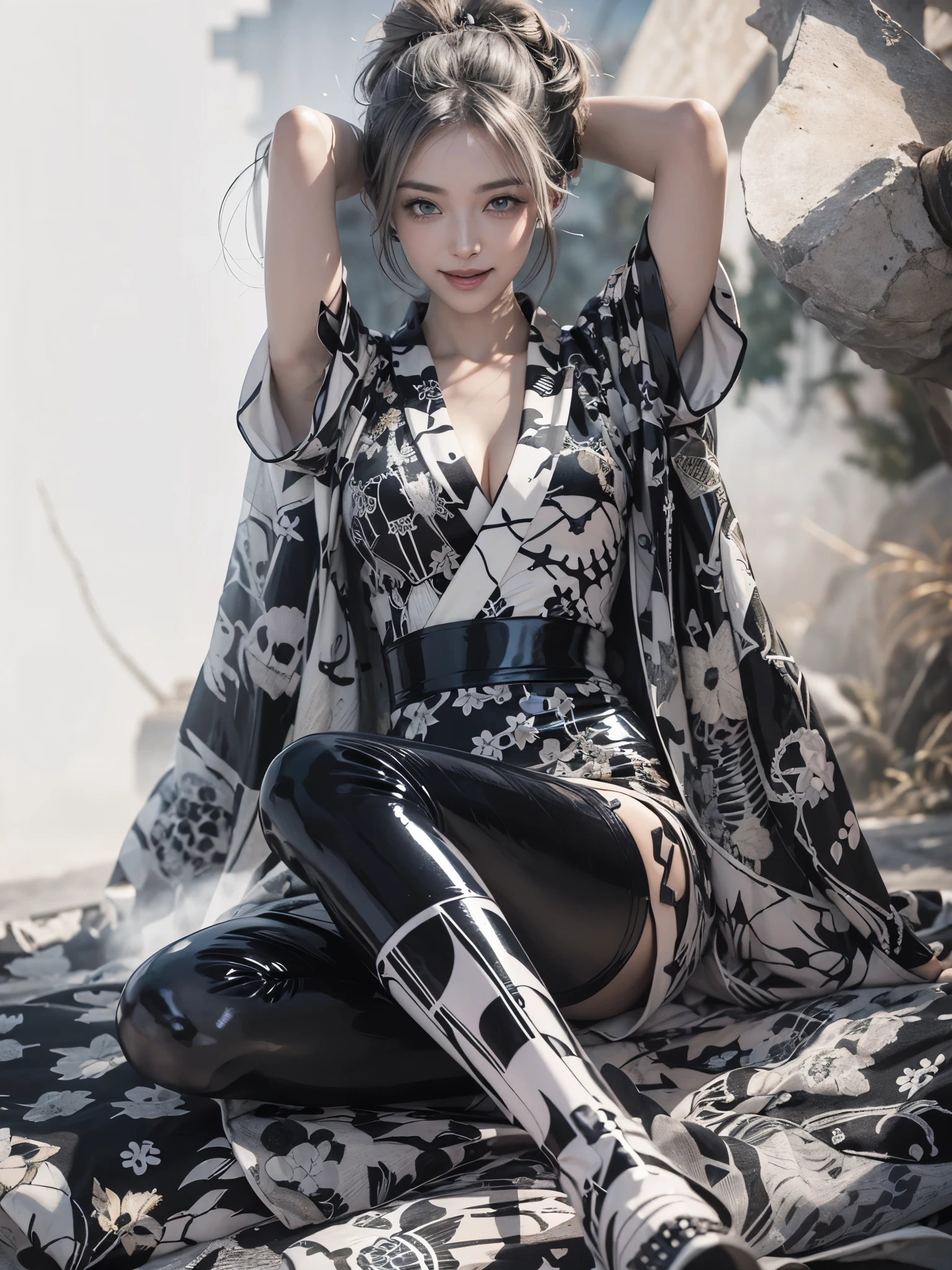 (anime art), (concept art:1.6), (Color Halftone Patterns,Color Halftone effect:1.6), (gorgeous, elegant, luxury:1.4), (beautiful still life painting art:1.4),
_
BREAK (1girl:1.2), 22 years old, 160 cm, Japanese cute model, Tightened all body, large Breasts, cleavage, small head, small face, diamond Face, small nose, Sharp Faceline, Detailed face, Detailed eyes, young hands and fingers, beautiful hands and fingers, five fingers, 
_
BREAK (happy, smile, Glossy Lips:1.3), (Light color lips, Half open mouth, beautiful Teeth:1.2), (dropy eyes, Double eyelid, light color eyes, Shiny eyes:1.5), Shiny skin, 
_
BREAK (arranged hairstyle:1.4), (gray hair:1.2), shiny hair, Detailed hair,
_
BREAK (black theme:1.5), (Color Halftone Patterns, Color Halftone effect:1.7), (blurry background, mist, fog:1.7),
_
BREAK (Face, from front:1.8),
(sitting pose:1.3), (arms behind head:1.2), 
BREAK (Glossy latex skeleton and Kaleidoscope theme:1.6), (fusion of traditional kimono silhouette with latex skeleton Kaleidoscope material:1.3), (intricate black halftone patterns on white latex:1.3), (Layered Kimono with Kimono:1.5), (latex Rough fish net Stockings:1.3),
_ BREAK (showcasing the entire latex kimono ensemble:1.3), white stiletto latex heels, 