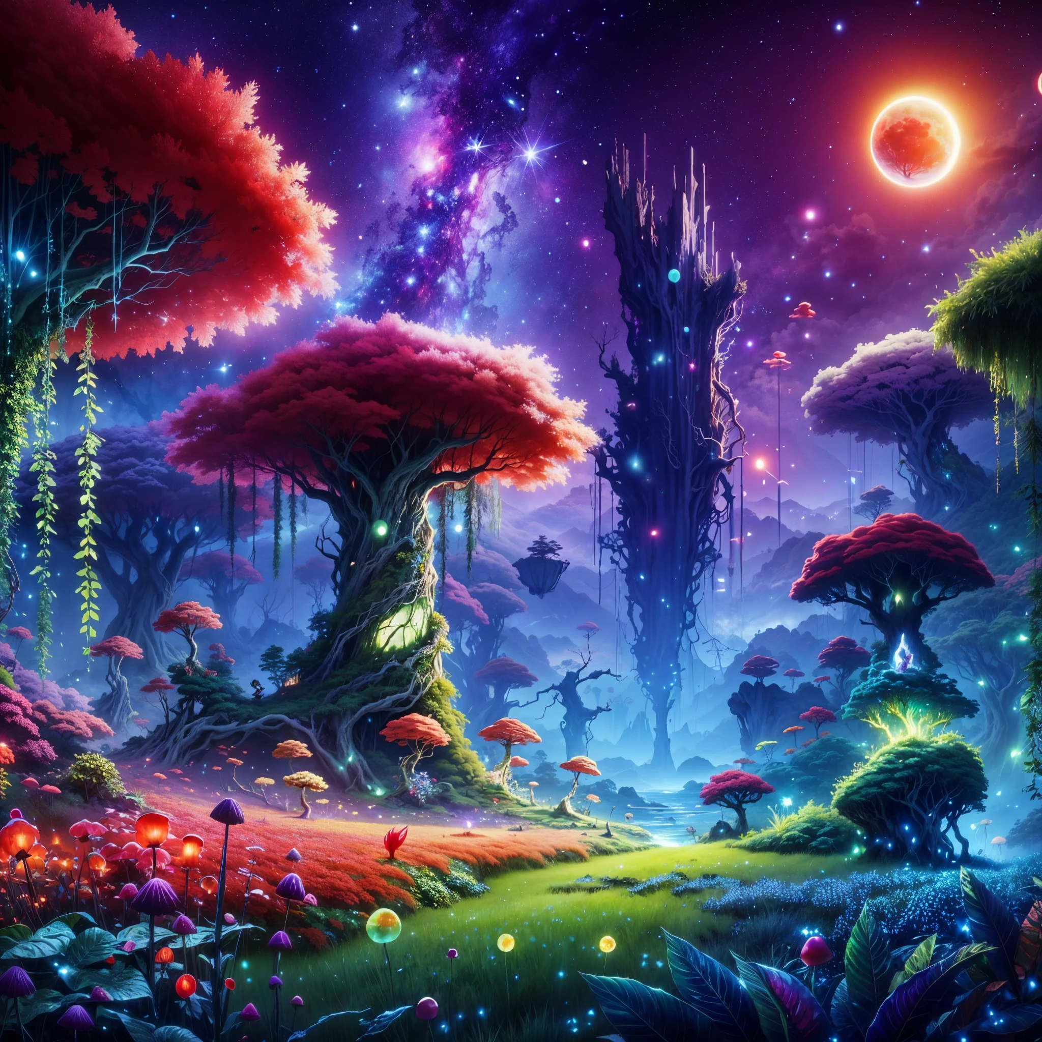 Ori and the blind forest game style,ultra-detailed, alien landscape, strange-looking trees, vibrant red grass, vines,green aurora,purple starry sky, natural giant piercing stone pillar,ethereal blue leaves, lots of giant floating jellyfish in the sky, giant and yellow bioluminescent mushrooms, a captivating blue water line, unique hybrid flowers, two radiant suns, and mesmerizing red fireflies.