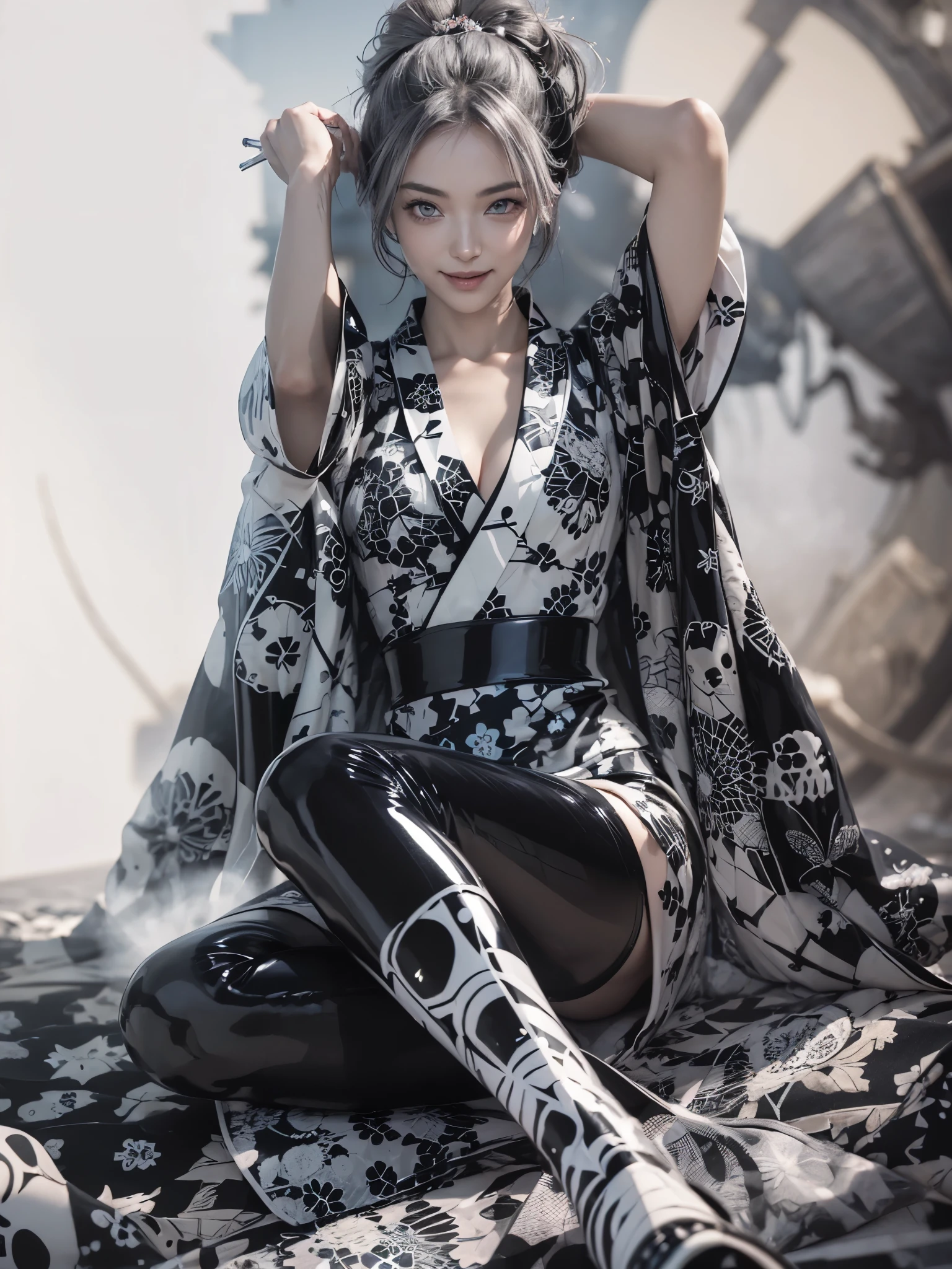 (anime art), (concept art:1.6), (Color Halftone Patterns,Color Halftone effect:1.6), (gorgeous, elegant, luxury:1.4), (beautiful still life painting art:1.4),
_
BREAK (1girl:1.2), 22 years old, 160 cm, Japanese cute model, Tightened all body, large Breasts, cleavage, small head, small face, diamond Face, small nose, Sharp Faceline, Detailed face, Detailed eyes, young hands and fingers, beautiful hands and fingers, five fingers, 
_
BREAK (happy, smile, Glossy Lips:1.3), (Light color lips, Half open mouth, beautiful Teeth:1.2), (dropy eyes, Double eyelid, light color eyes, Shiny eyes:1.5), Shiny skin, 
_
BREAK (arranged hairstyle:1.4), (gray hair:1.2), shiny hair, Detailed hair,
_
BREAK (black theme:1.5), (Color Halftone Patterns, Color Halftone effect:1.7), (blurry background, mist, fog:1.7),
_
BREAK (Face, from front:1.8),
(sitting pose:1.3), (arms behind head:1.2), 
BREAK (Glossy latex skeleton and Kaleidoscope theme:1.6), (fusion of traditional kimono silhouette with latex skeleton Kaleidoscope material:1.3), (intricate black halftone patterns on white latex:1.3), (Layered Kimono with Kimono:1.5), (latex Rough fish net Stockings:1.3),
_ BREAK (showcasing the entire latex kimono ensemble:1.3), white stiletto latex heels, 