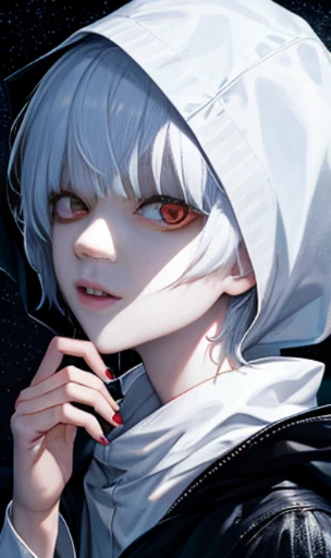moon, highest quality, Learn more, mastery, 1 boy, kaneki ken, portrait, male focus, red eyes, alone, bangs, looking at the viewer, hood, short hair, rain, Tokyo Tokyo \(city\), hijab slut，nail polish，white hair，luxury，8K，detailed，ray tracing，Depth of bounds written，movie lighting，