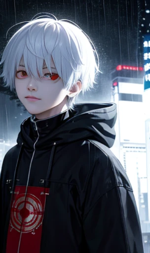 moon, highest quality, Learn more, mastery, 1 boy, kaneki ken, portrait, male focus, red eyes, alone, bangs, looking at the viewer, hood, short hair, rain, Tokyo Tokyo \(city\), hijab slut，nail polish，white hair，luxury，8K，detailed，ray tracing，Depth of bounds written，movie lighting，