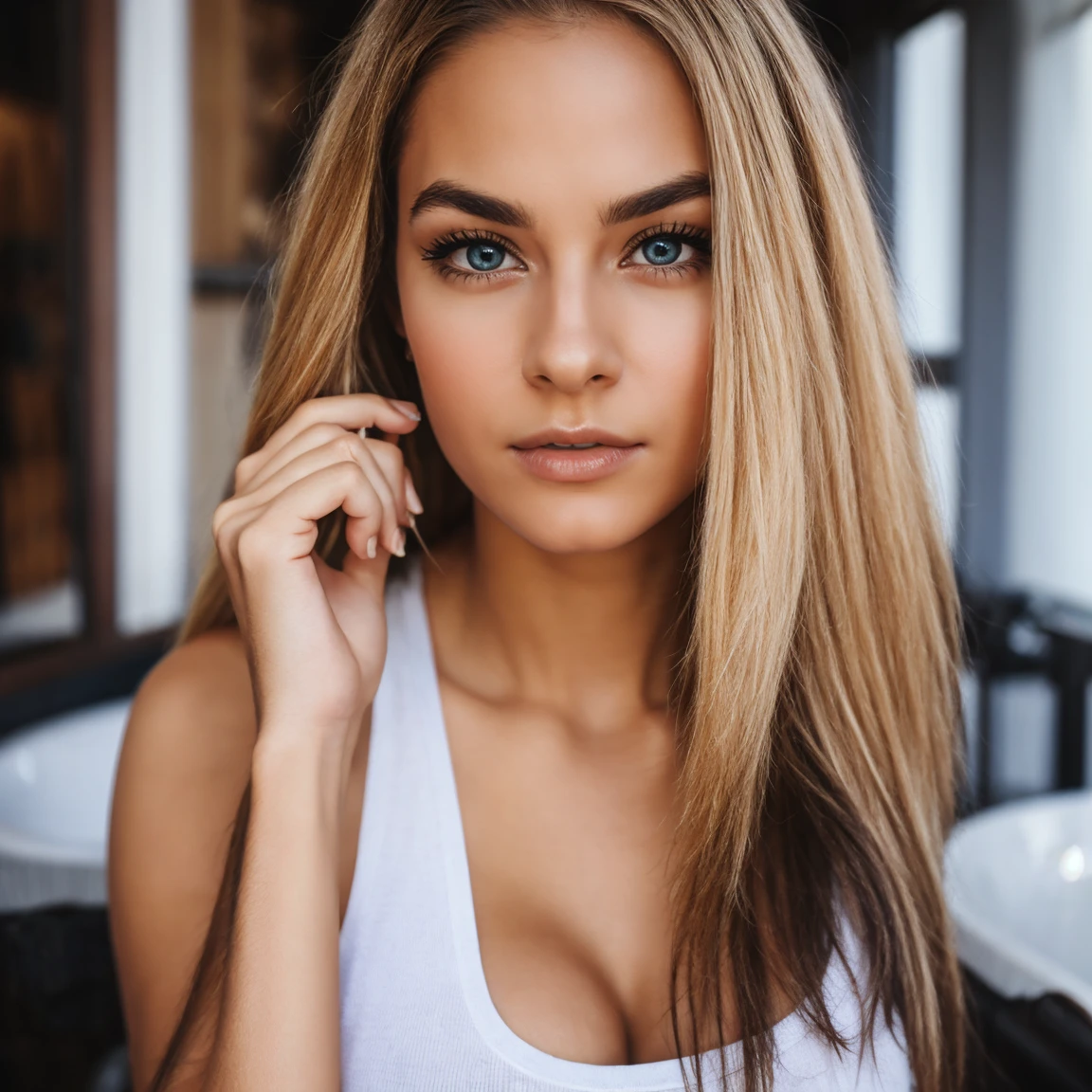 Beautiful girl, realistic, real, influencer, model, photo, HD, detailed, close up, showing face, blonde, sexy body, hot, sensual pose