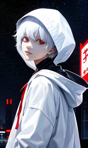 moon, highest quality, Learn more, mastery, 1 boy, kaneki ken, portrait, male focus, red eyes, alone, bangs, looking at the viewer, hood, short hair, rain, Tokyo Tokyo \(city\), hijab slut,nail polish,white hair,luxury,8K,detailed,ray tracing,Depth of bounds written,movie lighting,