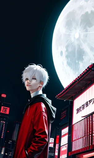moon, highest quality, Learn more, mastery, 1 boy, kaneki ken, portrait, male focus, red eyes, alone, bangs, looking at the viewer, hood, short hair, rain, Tokyo Tokyo \(city\), hijab slut,nail polish,white hair,luxury,8K,detailed,ray tracing,Depth of bounds written,movie lighting,