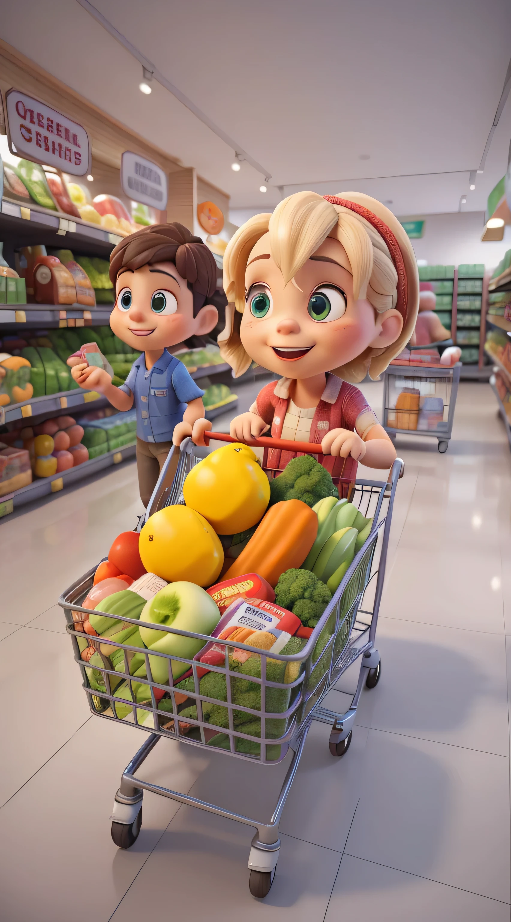 shopping groceries, getting groceries, People shop, Pushing the shopping cart, inside a supermarket, Supermarket shelves full, 3D, toy photos, Lovely 3D rendering, animation stills, shopping cart, cart, stood in a supermarket, animation stills, Promotional renderings, Convenience stores, 3D characters, ((better quality)), ((artwork)), (detailed), perfect face shape