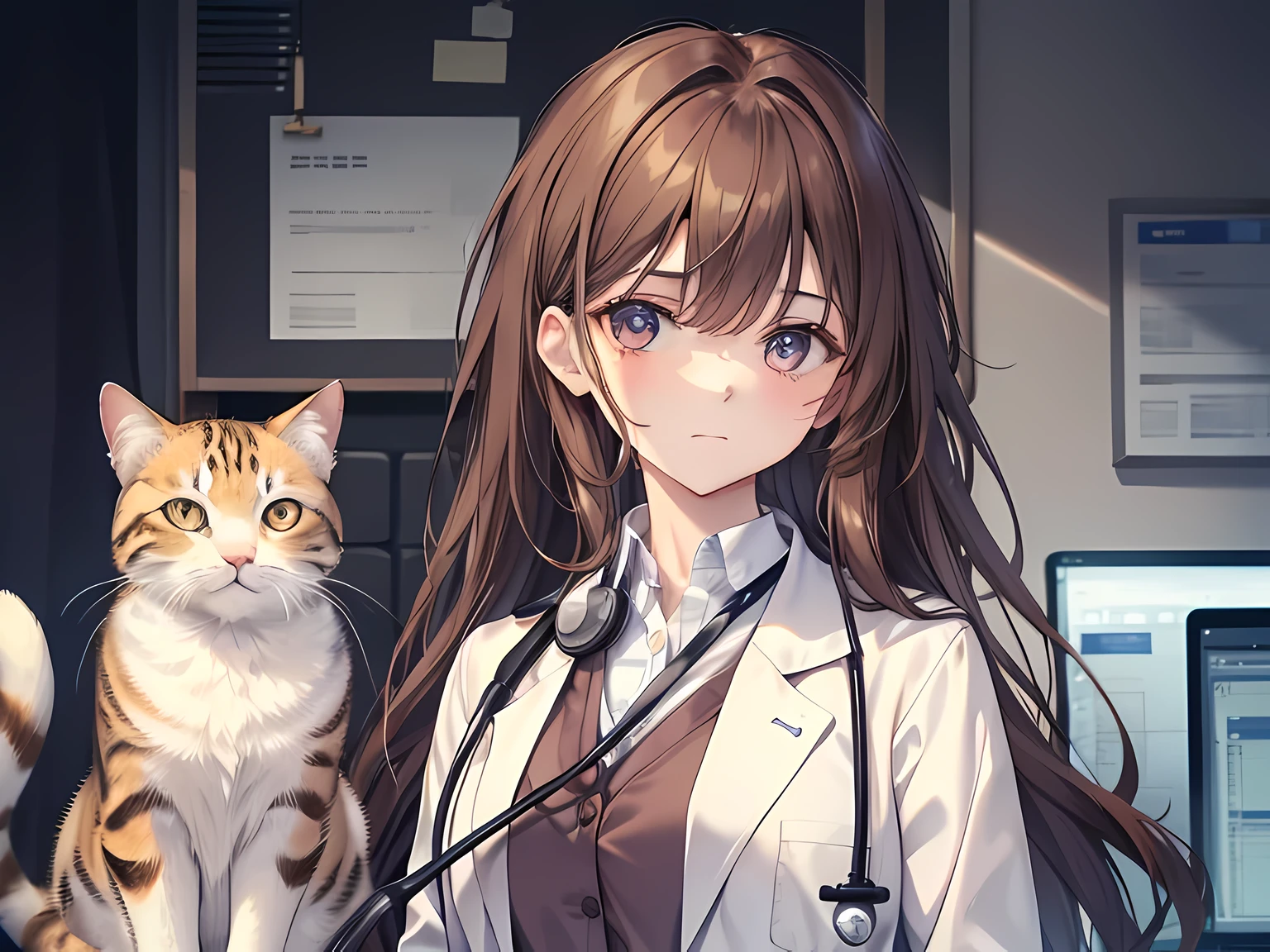 a woman, she is a doctor with stethoscope on her neck, brown eye color, brown hair, long hair, wearing white shirt and labcoat, face to detail, detailed eyes, there is 2 cats behind her, the background is on animal hospital