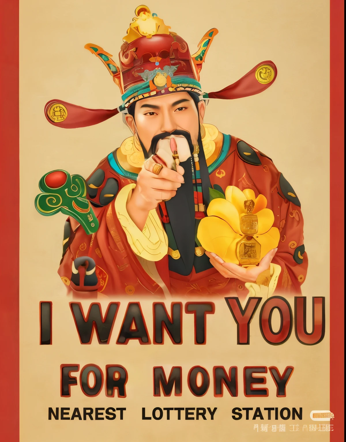 There is a poster,There is a man holding a coin and a mobile phone, Inspired by Wang Yi, god of wealth, Inspired by Wu Bin, Inspired by Lu Guang, Inspired by Wang Meng, Guan Yu, Inspired by Dong Yuan, yuan-you, Inspired by Wang Fu, Inspired by Xu Xi, Inspired by Yuan Yao, Inspired by Mi Fu