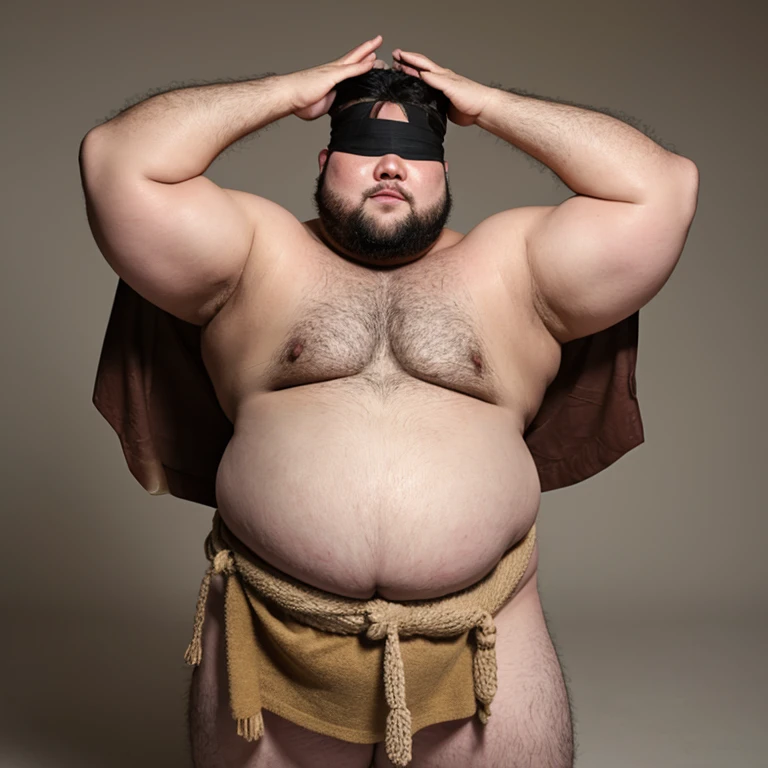 Fat 警察官 male性, Weight is over 100kg, You seem kind., blindfolded and covering eyes, his jacket is open,  interested in sexual desire, ;興奮している Fat, upper body visible, pot belly, Fat, short hair, loincloth, male, fat belly, loincloth, , Late 30s, sloppy stomach, male, chubby, plump belly, big body