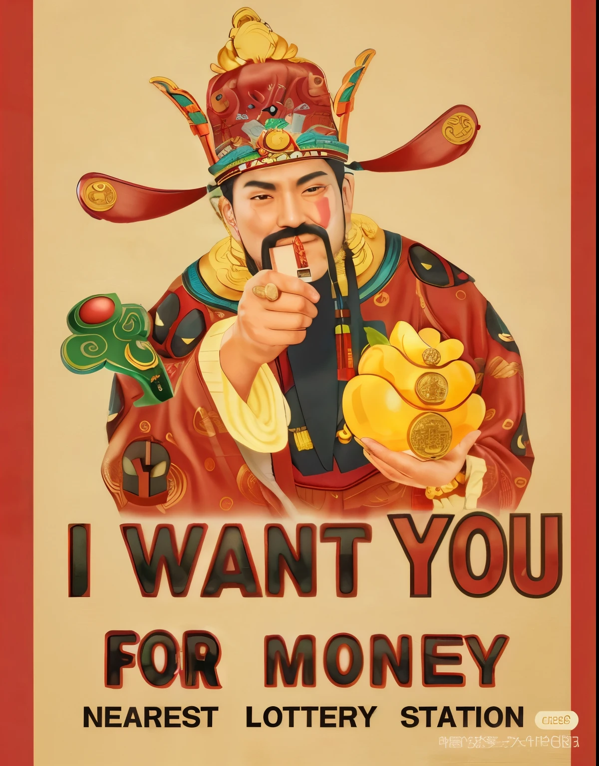 There is a poster,There is a man holding a coin and a mobile phone, Inspired by Wang Yi, god of wealth, Inspired by Wu Bin, Inspired by Lu Guang, Inspired by Wang Meng, Guan Yu, Inspired by Dong Yuan, yuan-you, Inspired by Wang Fu, Inspired by Xu Xi, Inspired by Yuan Yao, Inspired by Mi Fu