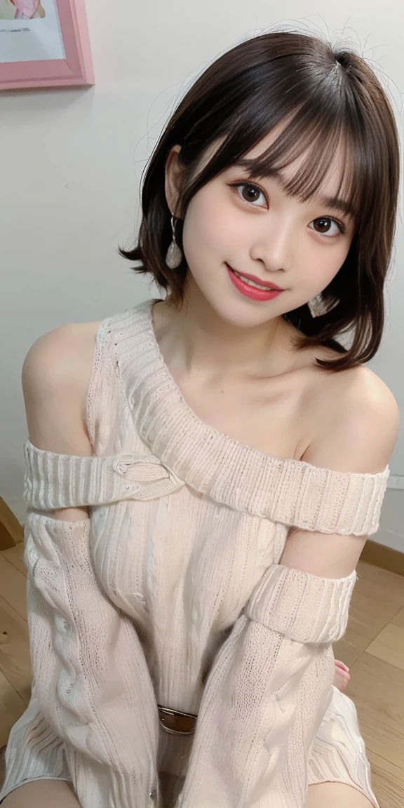table top, highest quality, 
super detailed, finely, High resolution, In 8K,
((Photoreal:1.4, Raw photo, Super high resolution,best image quality: 1.4)),
wallpaper, 
((Perfect whole body composition 1.5)), 
beautiful and fine eyes, natural color lip,
((穏やかなsmile:1.5)),
((random cute hairstyles)), 
((pretty big breasts:1.2)),
((from the front:1.5)),
((brain out、under the eyes、brain out、mole on arm:0.9)),
((random blurred background)),
((Random and cute expressions)),, 
Highly detailed and professional lighting、
perfect dynamic composition, beautiful and fine eyes,((leaning forward)), ((off shoulder knit sweater:1.6)),((micro mini skirt:1,5)),((smile,Harajuku)),((sexy shot looking at camera))