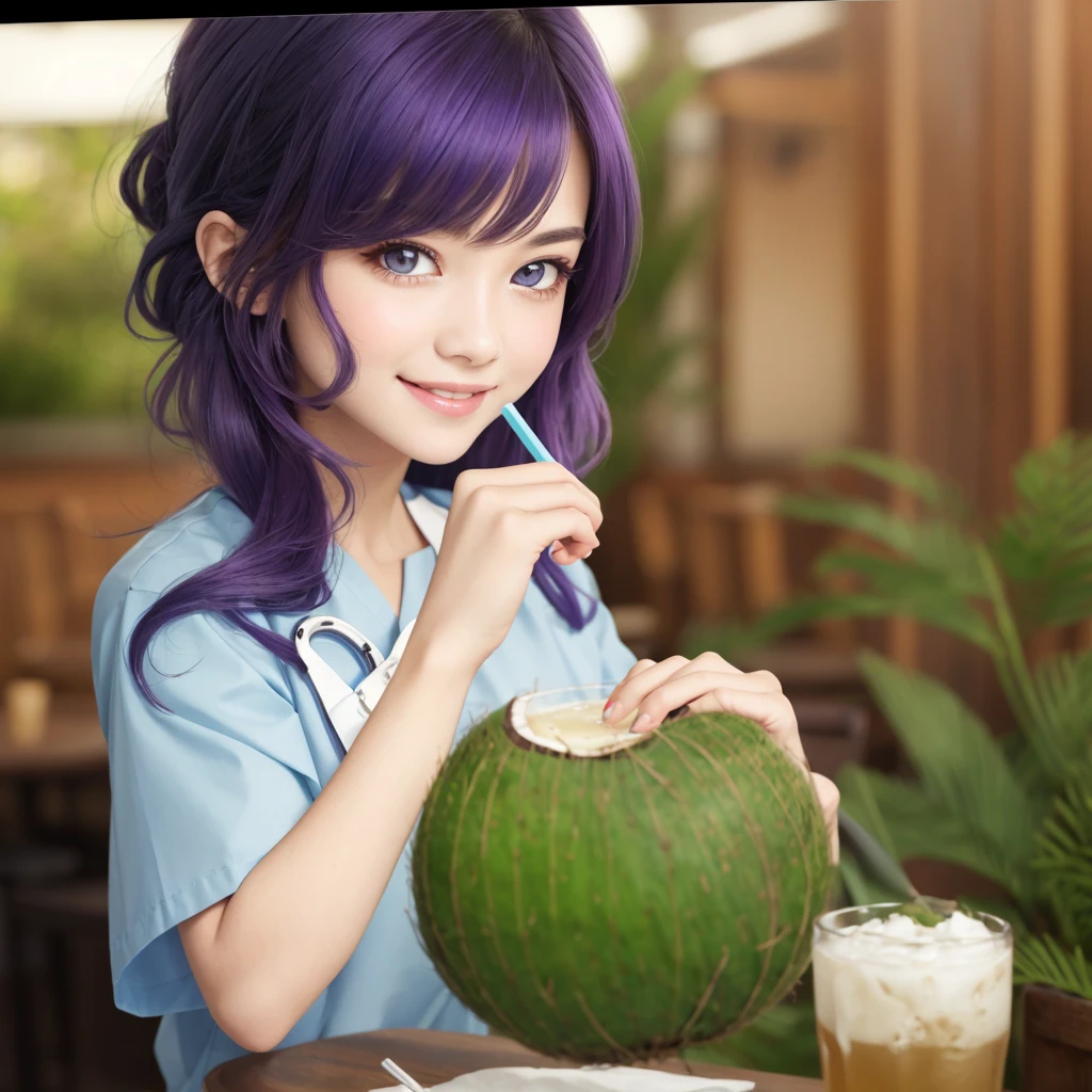 Best image quality, outstanding detail, ultra high resolution, (realism: 0), best illustration, prefer details, highly condensed 1girl, delicate and beautiful face, long hair, disheveled hair, big, blush, cleavage, wet skin, a beautiful woman with violet hair and bright violet eyes, holding a glass with her enchanting smile, in a waterfall garden, pink dress