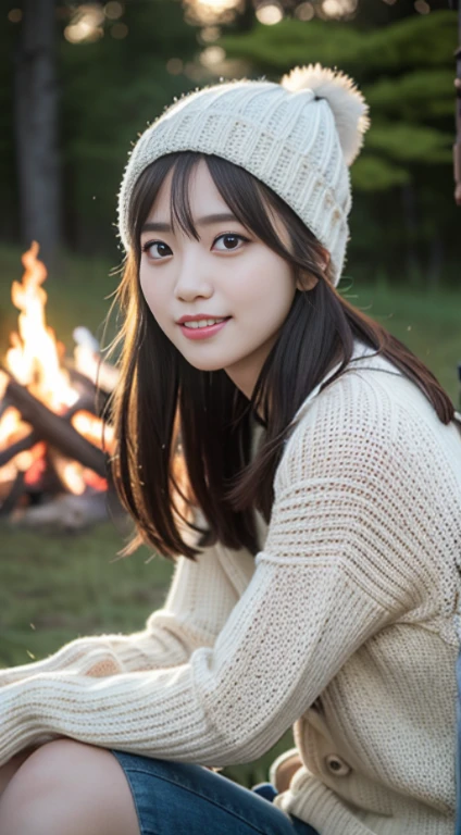 RAW, masterpiece, ultra-definition photo, highest quality, ultra-high resolution, photorealistic, one cute girl around 30 years old, fisheye lens, wind, messy hair, nature, (bonfire), bonfire background, camping, (aesthetic/atmosphere 1.2) ), sitting on a chair, sitting pose, knitted hat, smile, toothy smile, amazingly beautiful, delicate face, bright eyes, (side view), highly detailed background, detailed face, Detailed and intricate busy backgrounds, detailed skin, realistic skin details, visible pores, sharp focus, volumetric fog, 8k UHD, DSLR, high quality, film grain, white skin, photorealism, lomography,