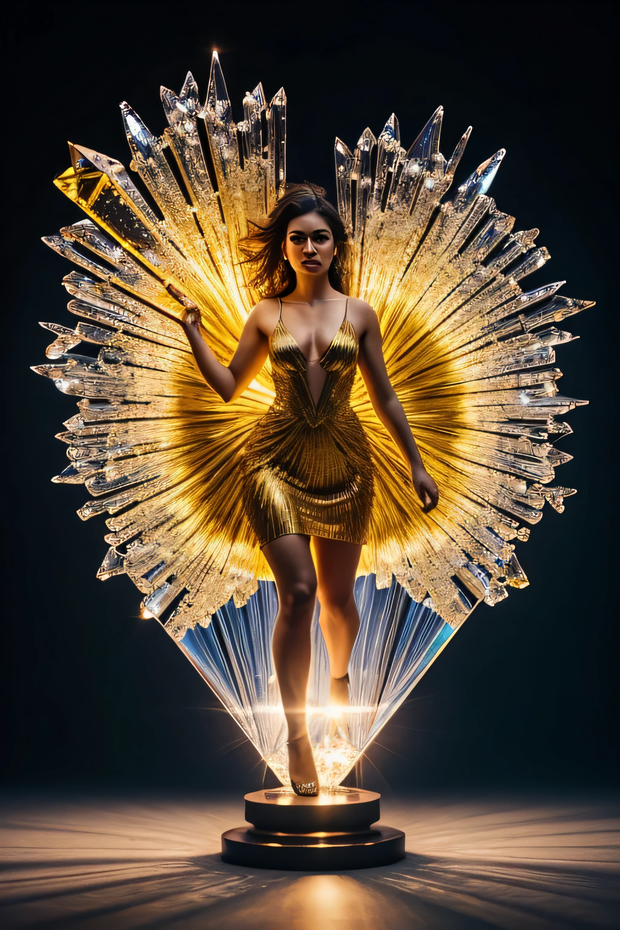 A beautiful woman stands for the unity on Earth. The unity is crafted from yellow topaz glass, and it shatters dramatically. The shot should be a full body zoom with dynamic motion effects, emphasizing the shattering sculpture. Vibrant and colorful crystal particles should be depicted floating in the air, radiating from the sculpture as it breaks into numerous tiny pieces. The scene should be well-lit with studio lights, maintaining ultra-sharp focus and a high-speed shot aesthetic. The artwork is inspired by Mschiffer, featuring soft colors, bokeh, and a crystalline fire with translucent glowing crystals.