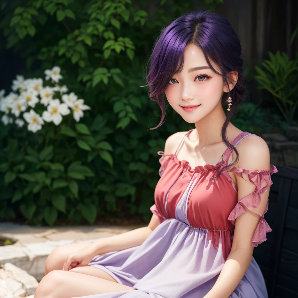 Best image quality, outstanding detail, ultra high resolution, (realism: 0), best illustration, prefer details, highly condensed 1girl, delicate and beautiful face, long hair, disheveled hair, big, blush, delicate skin, a beautiful woman with violet hair and bright violet eyes, enchanting smile, in a garden, red dress, night time