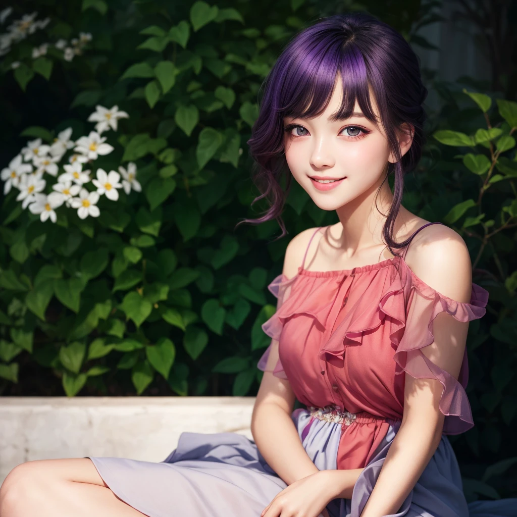 Best image quality, outstanding detail, ultra high resolution, (realism: 0), best illustration, prefer details, highly condensed 1girl, delicate and beautiful face, long hair, disheveled hair, big, blush, delicate skin, a beautiful woman with violet hair and bright violet eyes, enchanting smile, in a garden, red dress, night time