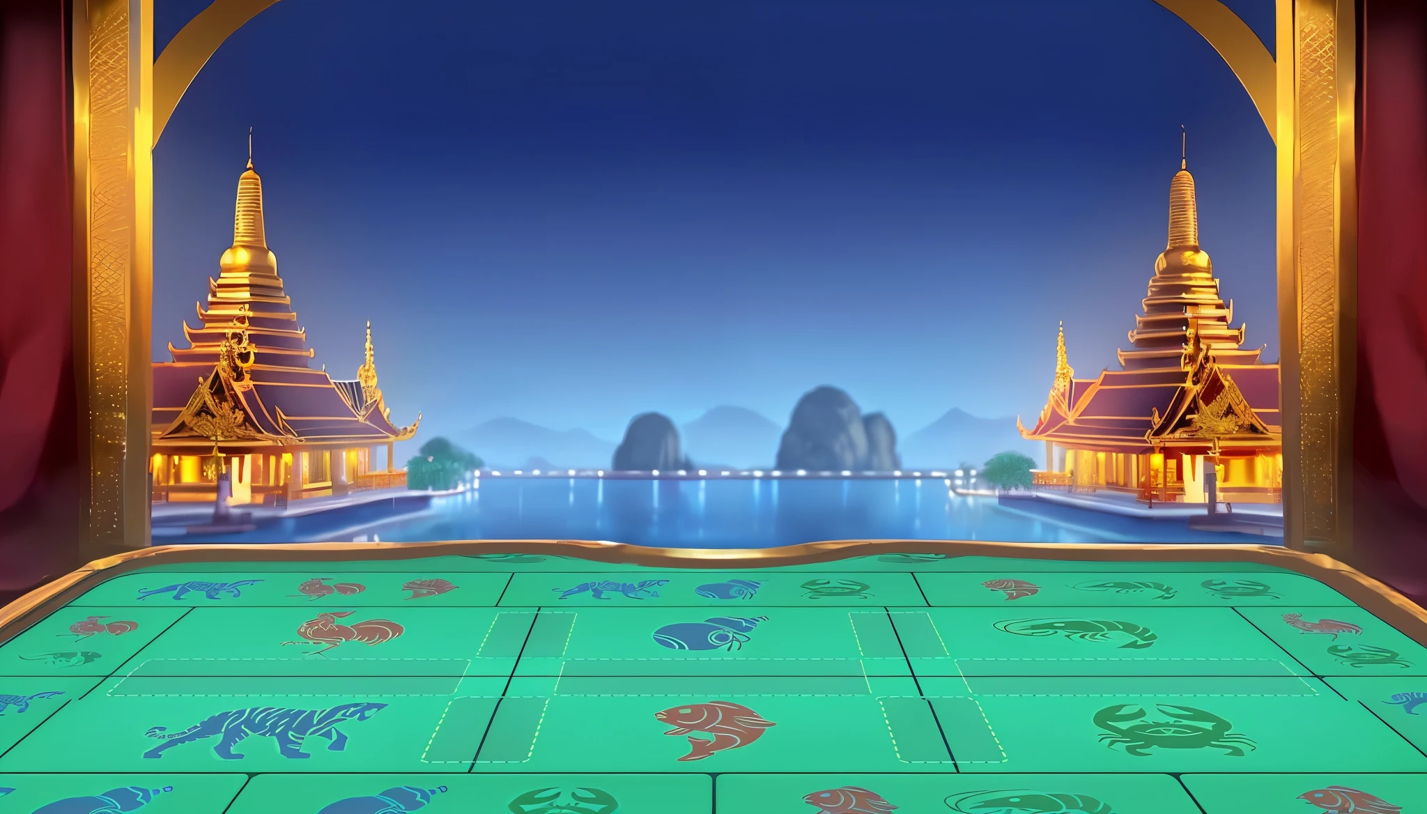 Create an image of a festive and colorful casino game spash screen with semi real style,The background features a softly blurred image of an iconic Thailand temple , with warm golden lights suggesting a festive atmosphere, The overall image should evoke a sense of fun, wealth, lucky and cultural richness, casino game, spash game art, mobile game background