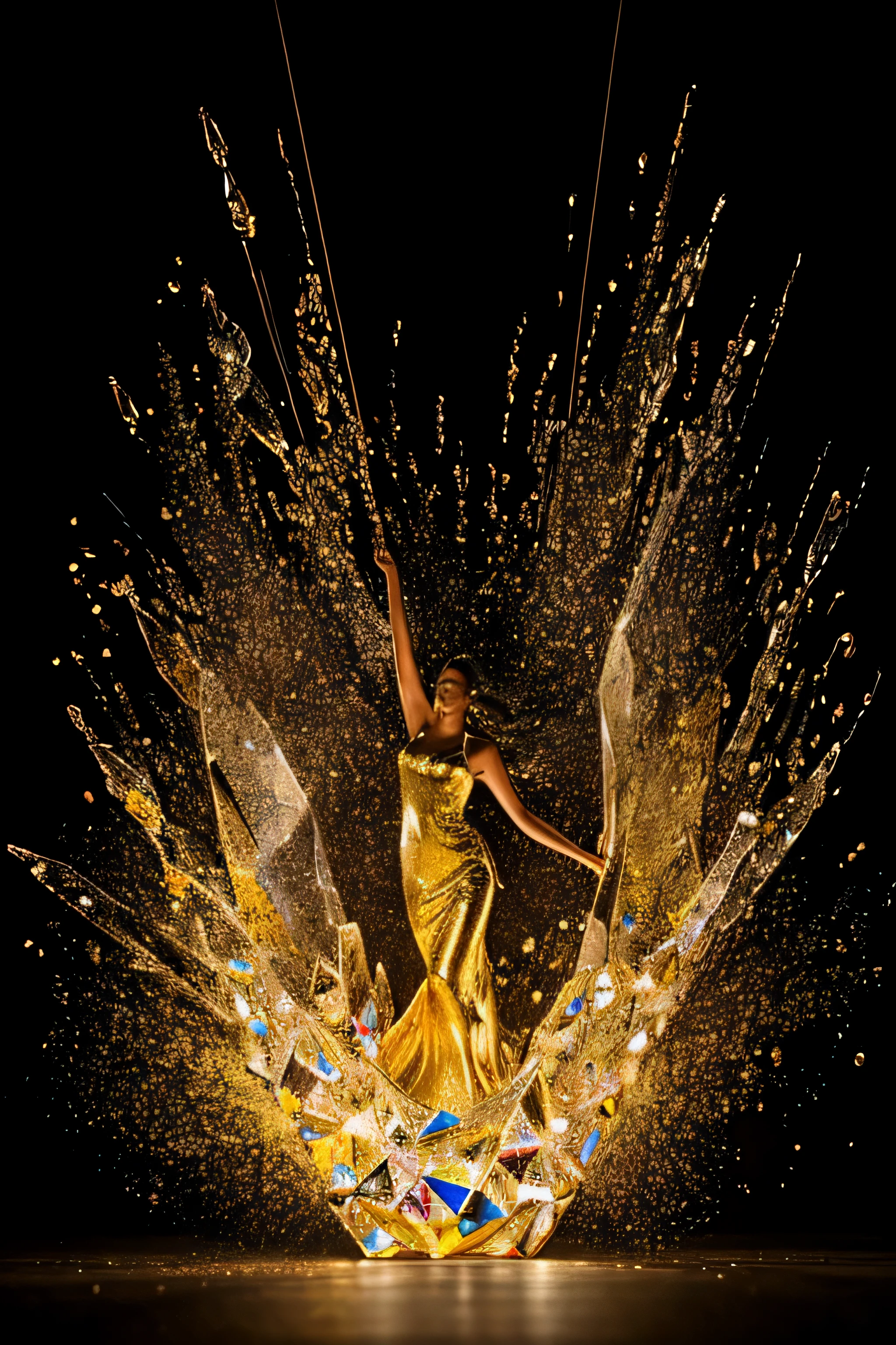 A beautiful woman stands for the unity on Earth. The unity is crafted from yellow topaz glass, and it shatters dramatically. The shot should be a full body zoom with dynamic motion effects, emphasizing the shattering sculpture. Vibrant and colorful crystal particles should be depicted floating in the air, radiating from the sculpture as it breaks into numerous tiny pieces. The scene should be well-lit with studio lights, maintaining ultra-sharp focus and a high-speed shot aesthetic. The artwork is inspired by Mschiffer, featuring soft colors, bokeh, and a crystalline fire with translucent glowing crystals.