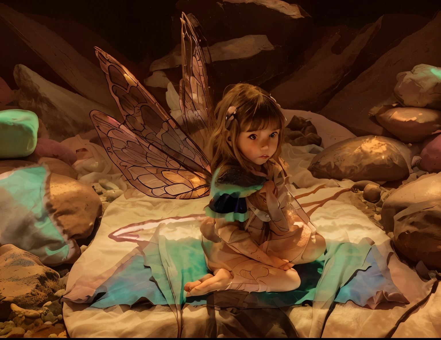 young girl, 5 years old, with fairy wings, sitting on a blanket, with big pillows and small rocks around, light coming from the top and behind the character