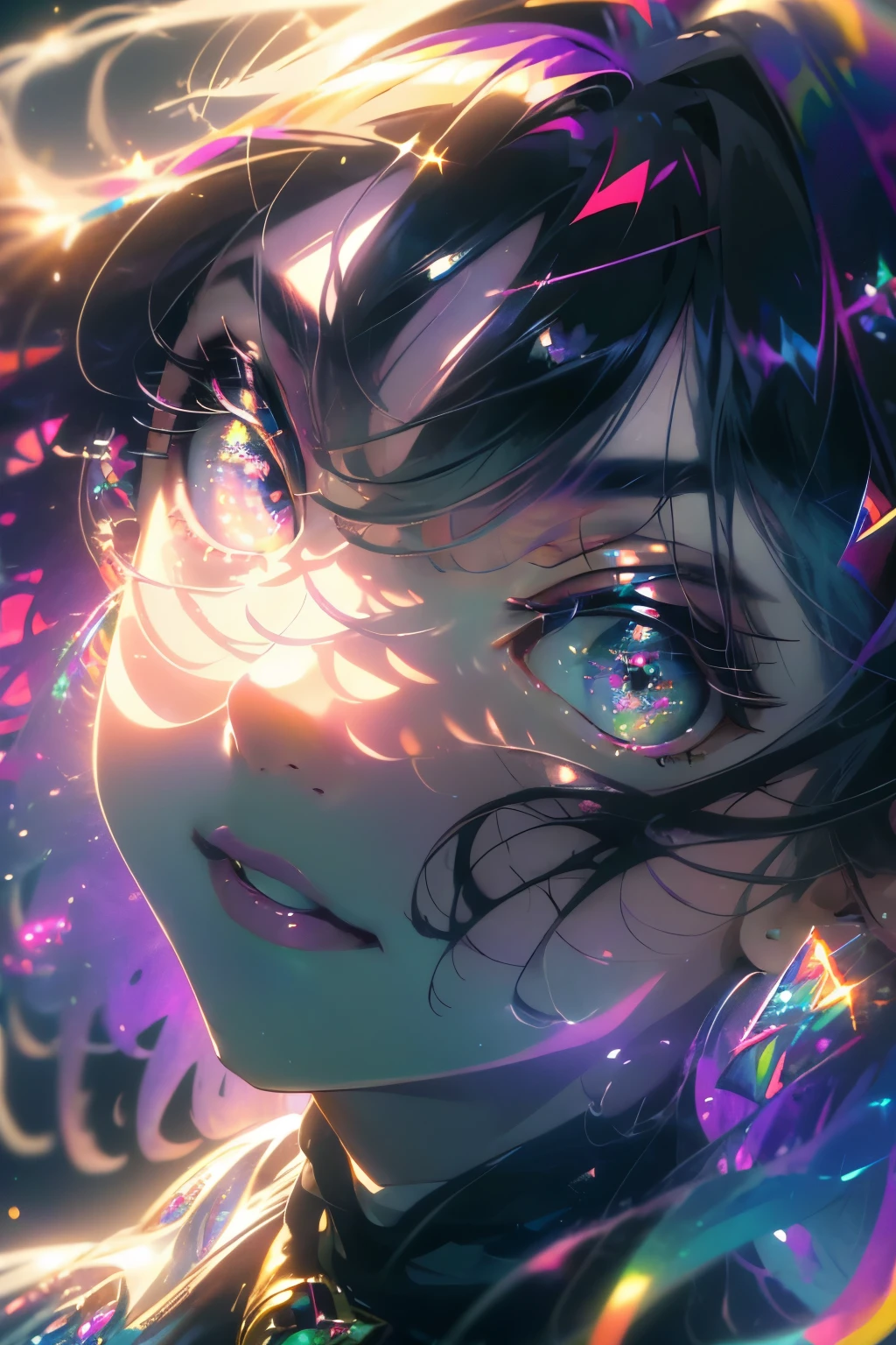 ((masterpiece,High resolution,8K quality,highest quality)),1 girl,((highly detailed face)),woman,delicate eyes,((purple eyes)),((hairstyle on:Circular cut,black haired,hair that shines in the light)),Lens flare,dramatic makeup,smile gracefully,natural complexion,big and full breasts,Diffuse reflection of light((Colorful:1.5)),