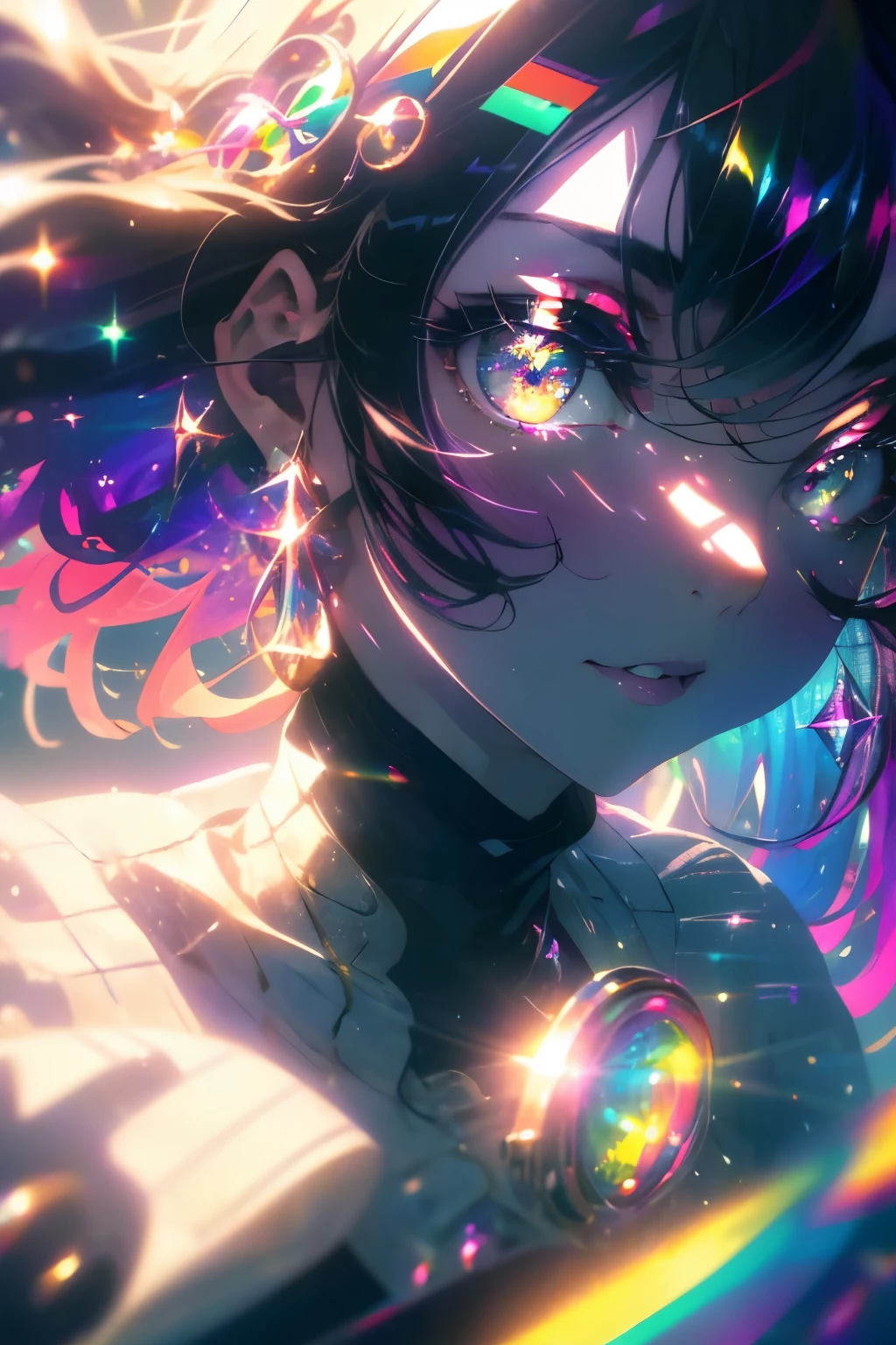 ((masterpiece,High resolution,8K quality,highest quality)),1 girl,((highly detailed face)),woman,delicate eyes,((purple eyes)),((hairstyle on:Circular cut,black haired,hair that shines in the light)),Lens flare,dramatic makeup,smile gracefully,natural complexion,big and full breasts,Diffuse reflection of light((Colorful:1.5)),