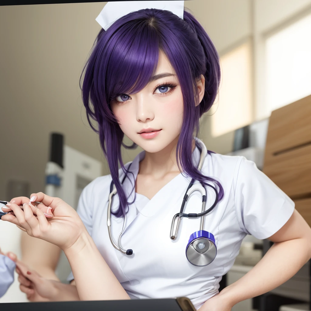 Best image quality, outstanding detail, ultra high resolution, (realism: 0), best illustration, prefer details, highly condensed 1girl, delicate and beautiful face, long hair, disheveled hair, big, blush, cleavage, delicated skin, a beautiful woman with violet hair and bright violet eyes, Currently performing a patient examination pose. In a clinic, nurse dress