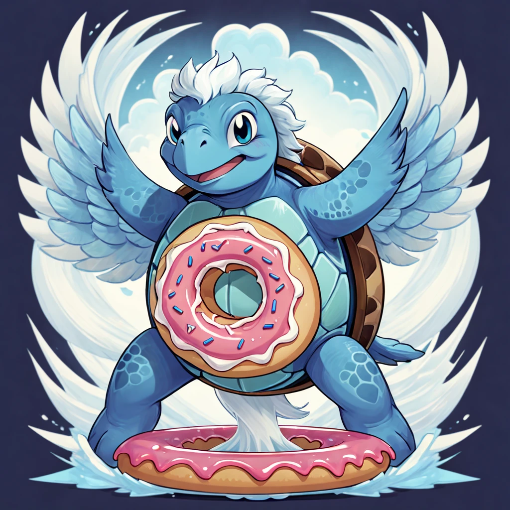 A vivid blue turtle with super fluffy super wavey super curly white tail and wings fluttering from their head as they bite down on a giant donut, in card art style