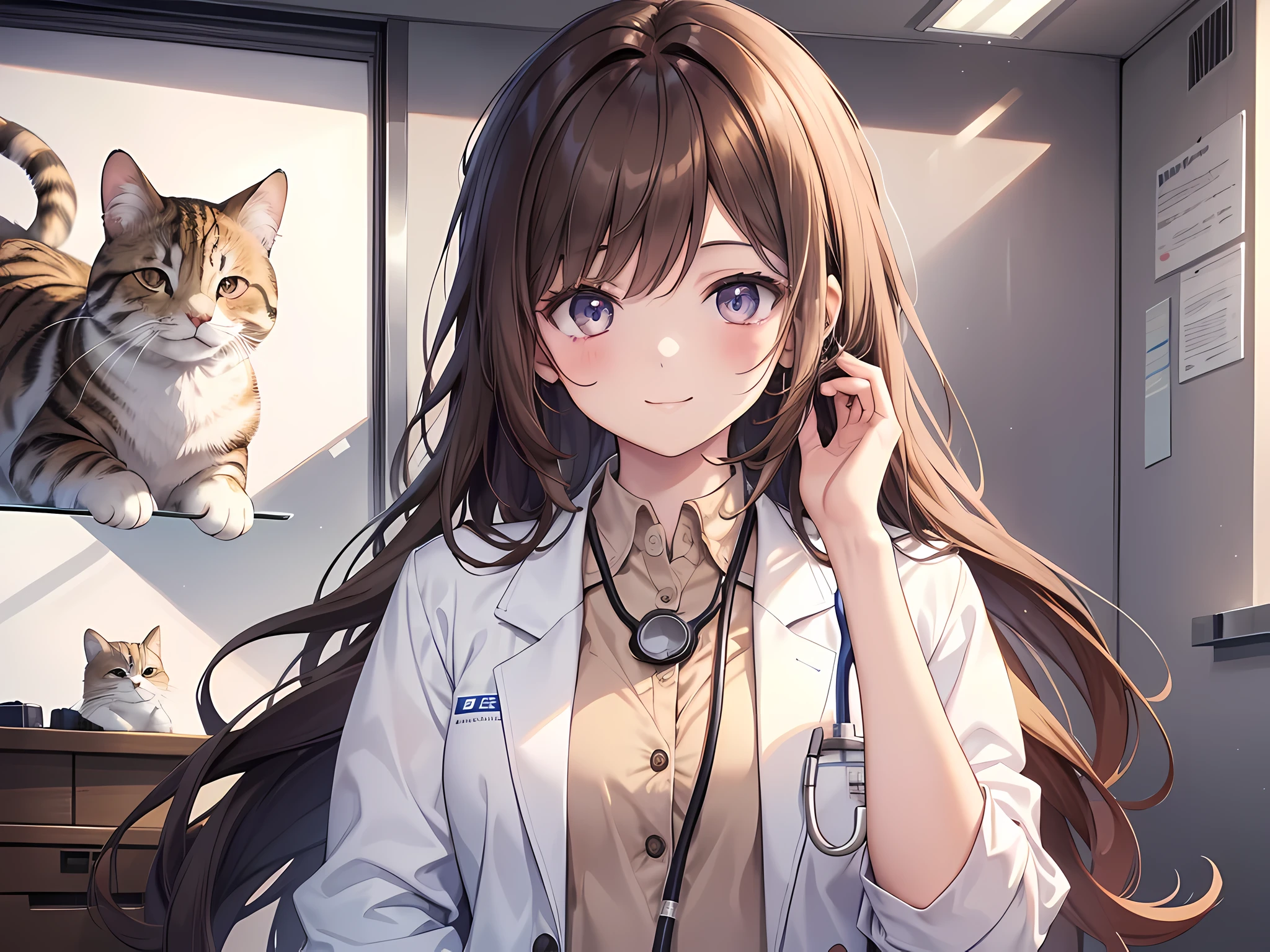 a woman, she is a doctor with stethoscope on her neck, brown eye color, brown hair, long hair, wearing white shirt and labcoat, face to detail, detailed eyes, smiling, happy vibes, there a cat behind her, the background is on animal hospital, full-body illustration