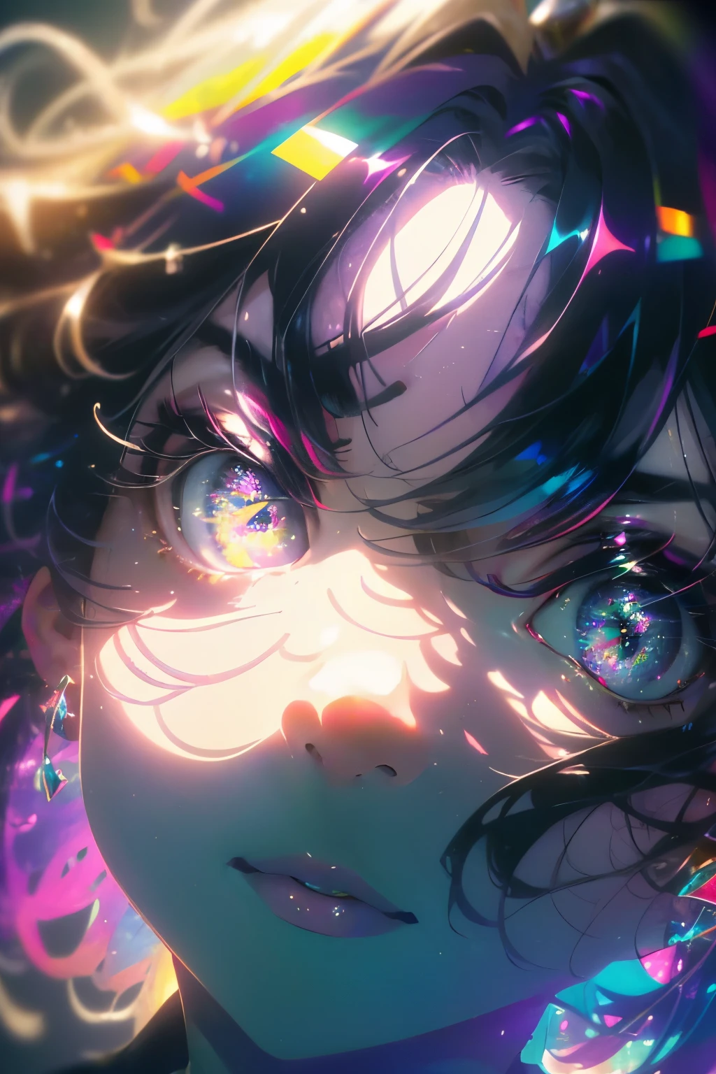 ((masterpiece,High resolution,8K quality,highest quality)),1 girl,((highly detailed face)),woman,delicate eyes,((purple eyes)),((hairstyle on:Circular cut,black haired,hair that shines in the light)),Lens flare,dramatic makeup,smile gracefully,natural complexion,big and full breasts,Diffuse reflection of light((Colorful:1.5)),