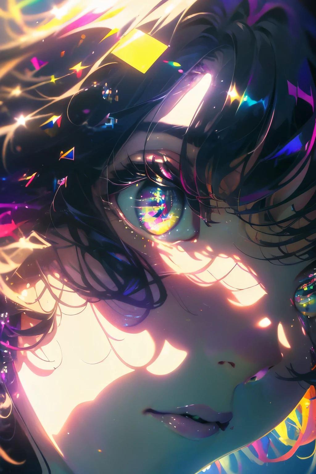 ((masterpiece,High resolution,8K quality,highest quality)),1 girl,((highly detailed face)),woman,delicate eyes,((purple eyes)),((hairstyle on:Circular cut,black haired,hair that shines in the light)),Lens flare,dramatic makeup,smile gracefully,natural complexion,big and full breasts,Diffuse reflection of light((Colorful:1.5)),