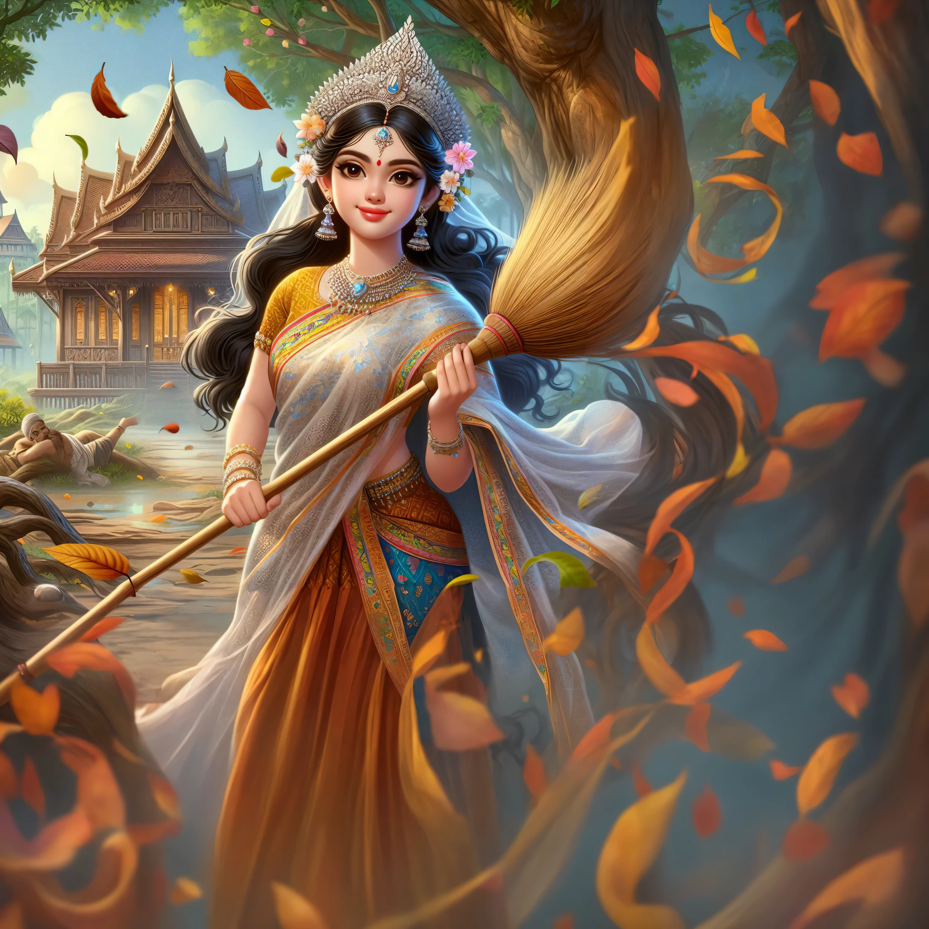 a woman in a traditional indian dress holding a broom, indian goddess of wealth, detailed painting 4 k, a beautiful artwork illustration, the goddess of autumn harvest, beautiful character painting, a beautiful fantasy empress, tithi luadthong, beautiful avatar pictures, indian goddess, nivanh chanthara, thailand art, epic fantasy art style hd