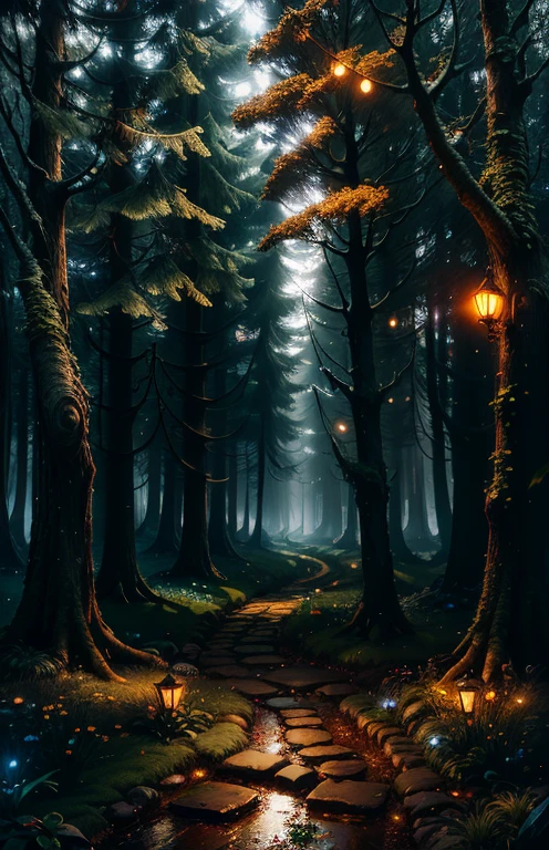 masterpiece, best quality, (Very detailed CG unified 8k wallpaper), dynamic lighting, (Charming night elf forest), dimly lit forest, grassland, Bask in a dark and ethereal glow, highlighting every intricate detail, Add a dreamy texture to the scene, mystery times, Dreamy details, rainy weather, mystery, Warm and friendly atmosphere, Atmospheric Dust, subsurfacescattering, Light tracing, depth of field, Bokeh, bright colors, Cinematic hard light, Realistic shadows, beautiful luminous details, , octane rendering, Light tracing, concept art, Reality, Unreal Engine 5