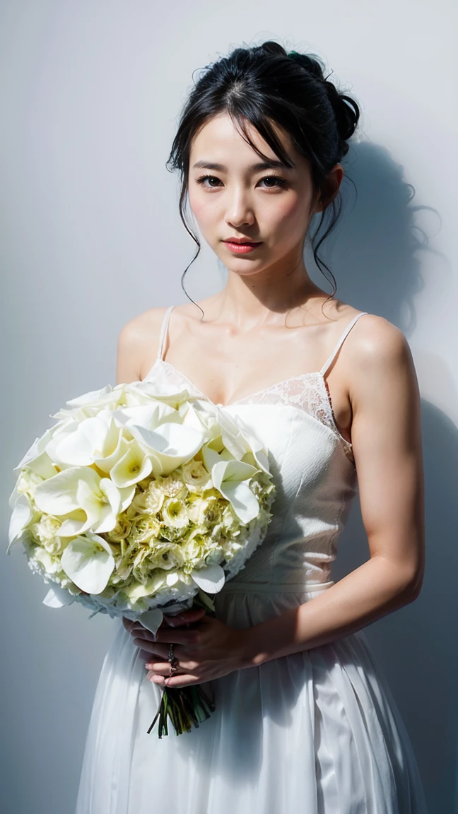 1 Japanese woman、((solo))、alone、bride、Wearing White wedding dress、Queen、happiness、((Show me your forehead))、Are standing、short hair、detailed face、High resolution、((whole body))、(flowers around her)、whole body、She is a beautiful woman to marry、High quality and beautiful、shining face,holding a bouquet、