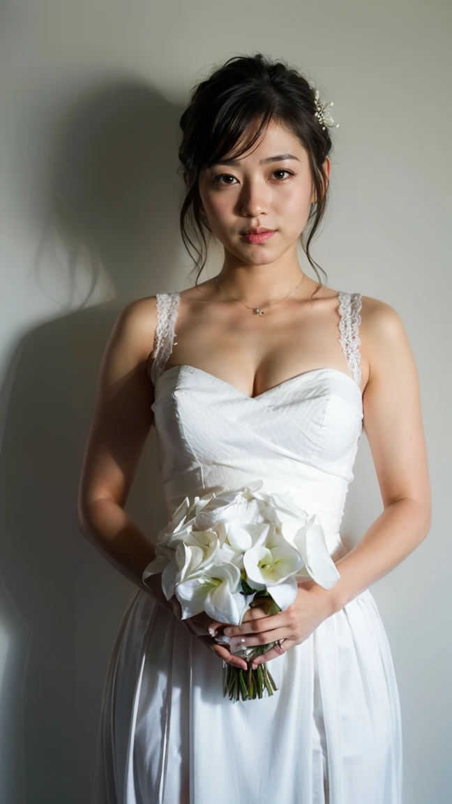 1 Japanese woman、((solo))、alone、bride、Wearing White wedding dress、Queen、happiness、((Show me your forehead))、Are standing、short hair、detailed face、High resolution、((whole body))、(flowers around her)、whole body、She is a beautiful woman to marry、High quality and beautiful、shining face,holding a bouquet、