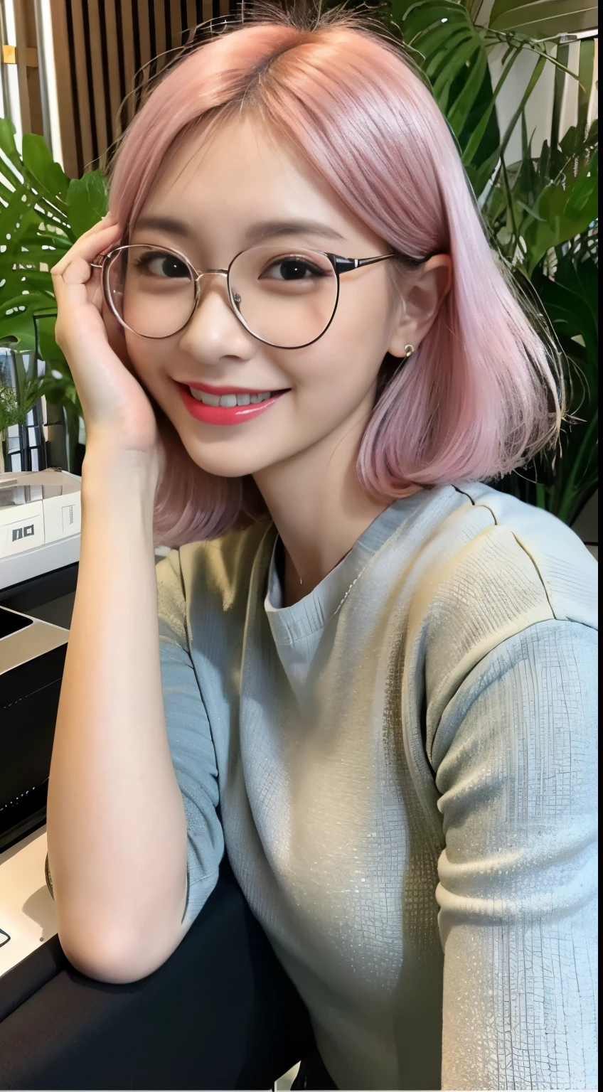 ((highest quality、8K、master pee:1.3、Being in the company、desk、computer、document、Office casual attire、accessories、Foliage plant、Thin silver-rimmed glasses、、Pink bob hair、((side shot))、from the knees up))、1 girl、slim beauty:1.3、super detail face、delicate eyes、double eyelid、smiling face、Full body Esbian、tanned skin、20-year-old、beaver、erotic、sensual look、stare、