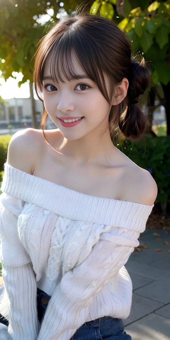 table top, highest quality, 
super detailed, finely, High resolution, In 8K,
((Photoreal:1.4, Raw photo, Super high resolution,best image quality: 1.4)),
wallpaper, 
((Perfect whole body composition 1.5)), 
beautiful and fine eyes, natural color lip,
((穏やかなsmile:1.5)),
((random cute hairstyles)), 
((pretty big breasts:1.2)),
((from the front:1.5)),
((brain out、under the eyes、brain out、mole on arm:0.9)),
((random blurred background)),((sunset)),((autumn leaves)),
((Random and cute expressions)),, 
Highly detailed and professional lighting、
perfect dynamic composition, beautiful and fine eyes,((leaning forward)), ((off shoulder knit sweater:1.6)),((micro mini skirt:1,5)),((smile,Harajuku)),((sexy shot looking at camera)),Tehepero