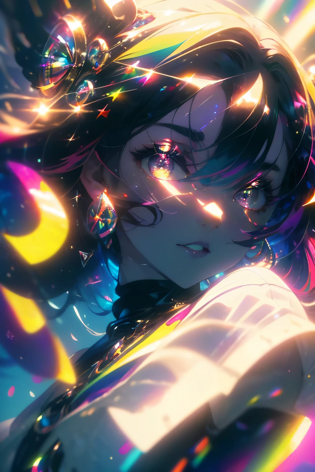 ((masterpiece,High resolution,8K quality,highest quality)),1 girl,((highly detailed face)),woman,delicate eyes,((purple eyes)),((hairstyle on:Circular cut,black haired,hair that shines in the light)),Lens flare,dramatic makeup,smile gracefully,natural complexion,big and full breasts,Diffuse reflection of light((Colorful:1.5)),
