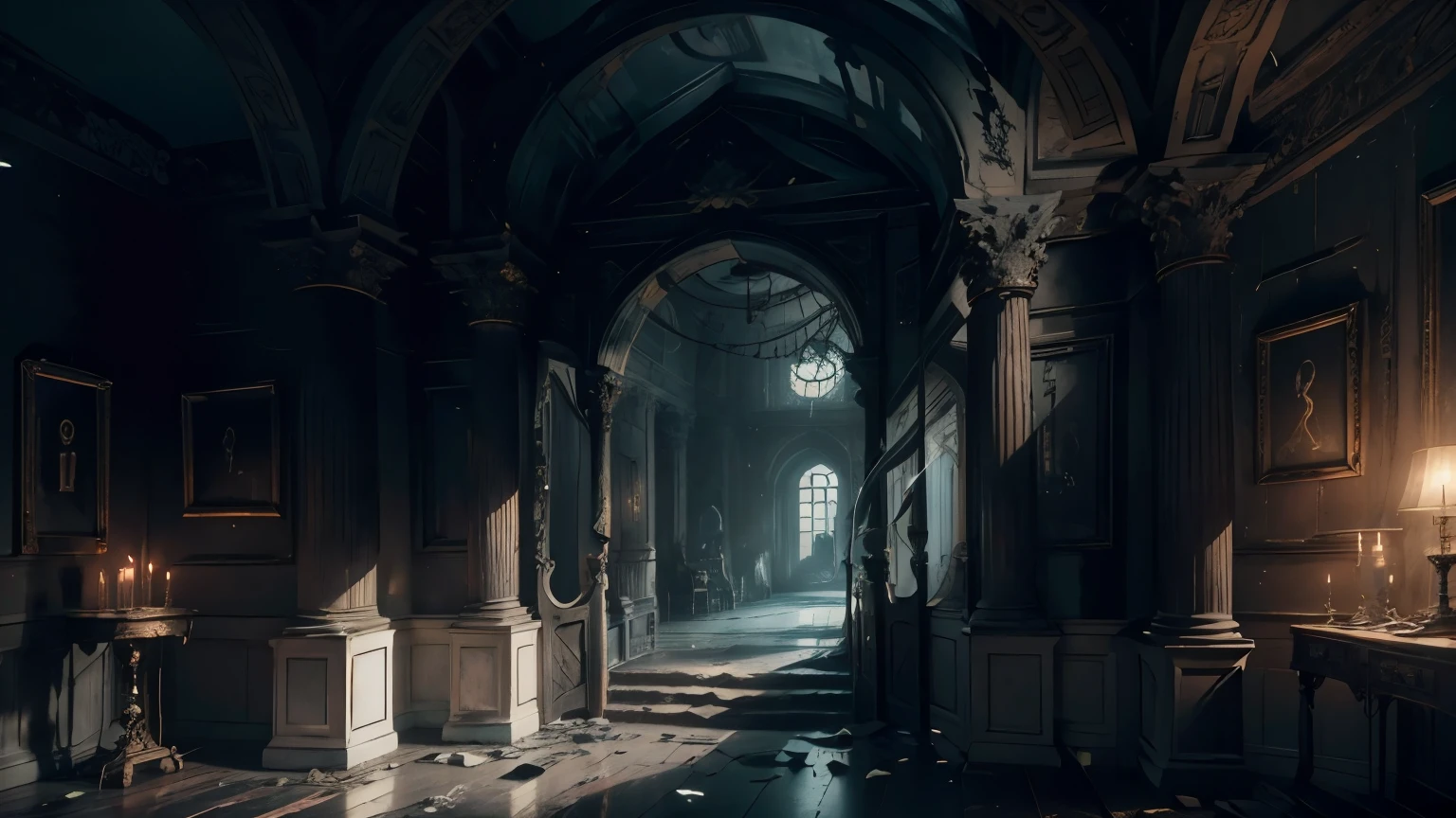 (best quality,4k,8k,highres,masterpiece:1.2),ultra-detailed,creepy ancient mausoleum room,haunting atmosphere,old and mysterious Greece,gloomy ambiance,bizarre shadows,crumbling walls,aged sculptures,ancient Greek deity statues,lit candles,glimmering candlelight,twisted vines,overgrown ivy,decaying burial chamber,ornate carved pillars,ancient Greek symbols,flickering torchlight,mysterious symbols on the floor,dusty and cobweb-covered,various shades of darkness and light,suffused with a ghostly presence,dimly lit recesses,whispering echoes,quietly creaking doors,heavy wooden furniture,sinister vibes,ghostly figures slowly emerging from the shadows,mysterious murmurs and whispers,faint scent of incense,pale moonlight filtering through cracked windows,enchanted artifacts,soot-covered mirrors,antique bed draped in tattered and faded curtains,tantalizing hints of supernatural energy,cold and eerie silence