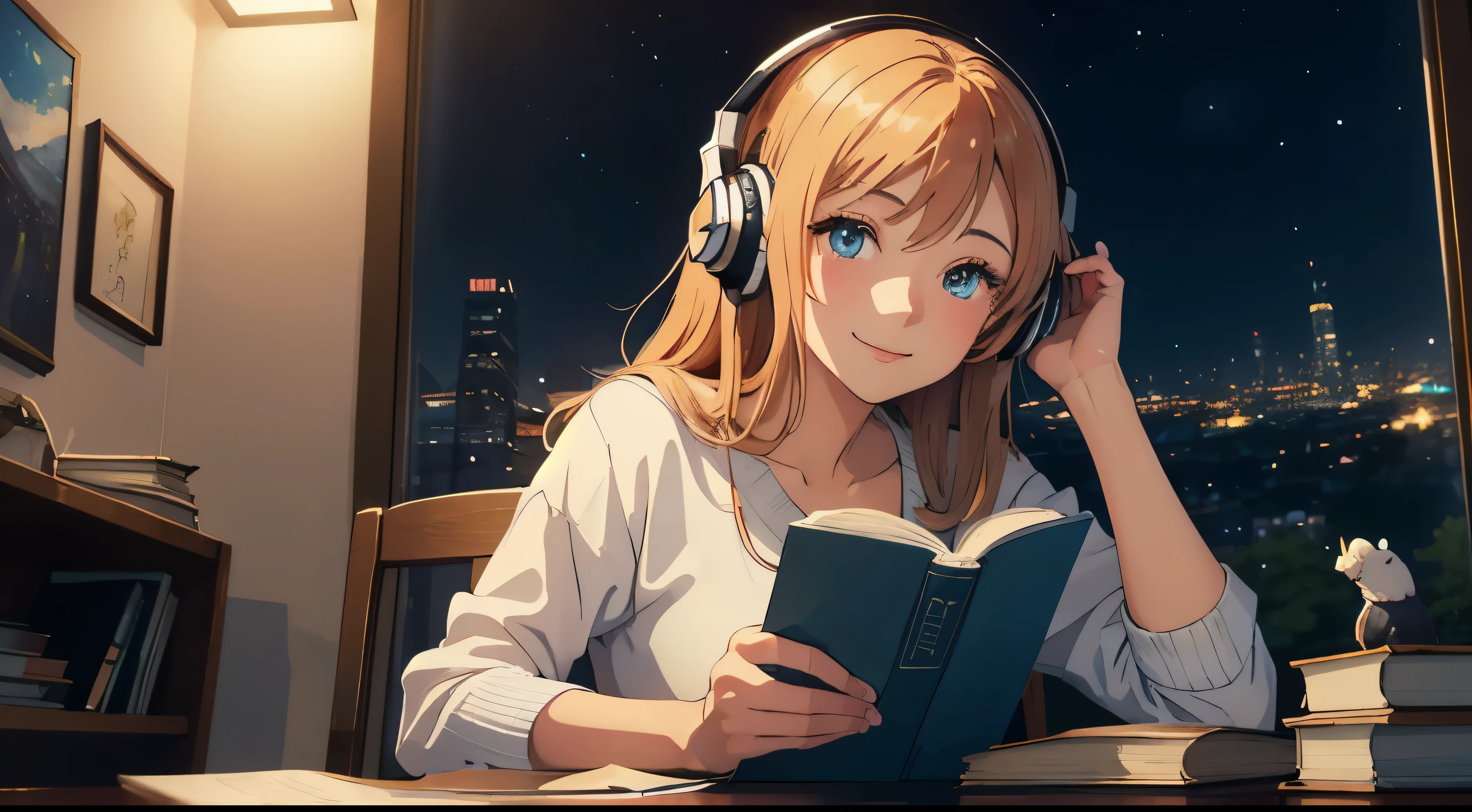 (best quality,masterpiece:1.2),detailed,perfect face,a girl reading a book,sitting on a desk,with huge windows overlooking the night city,holding a book,2D anime style,illustration,soft lighting,vibrant colors,night,night peaceful atmosphere,cozy background,expressive eyes,warm smile,flowing hair,headphones on,bright-eyed,likeable character