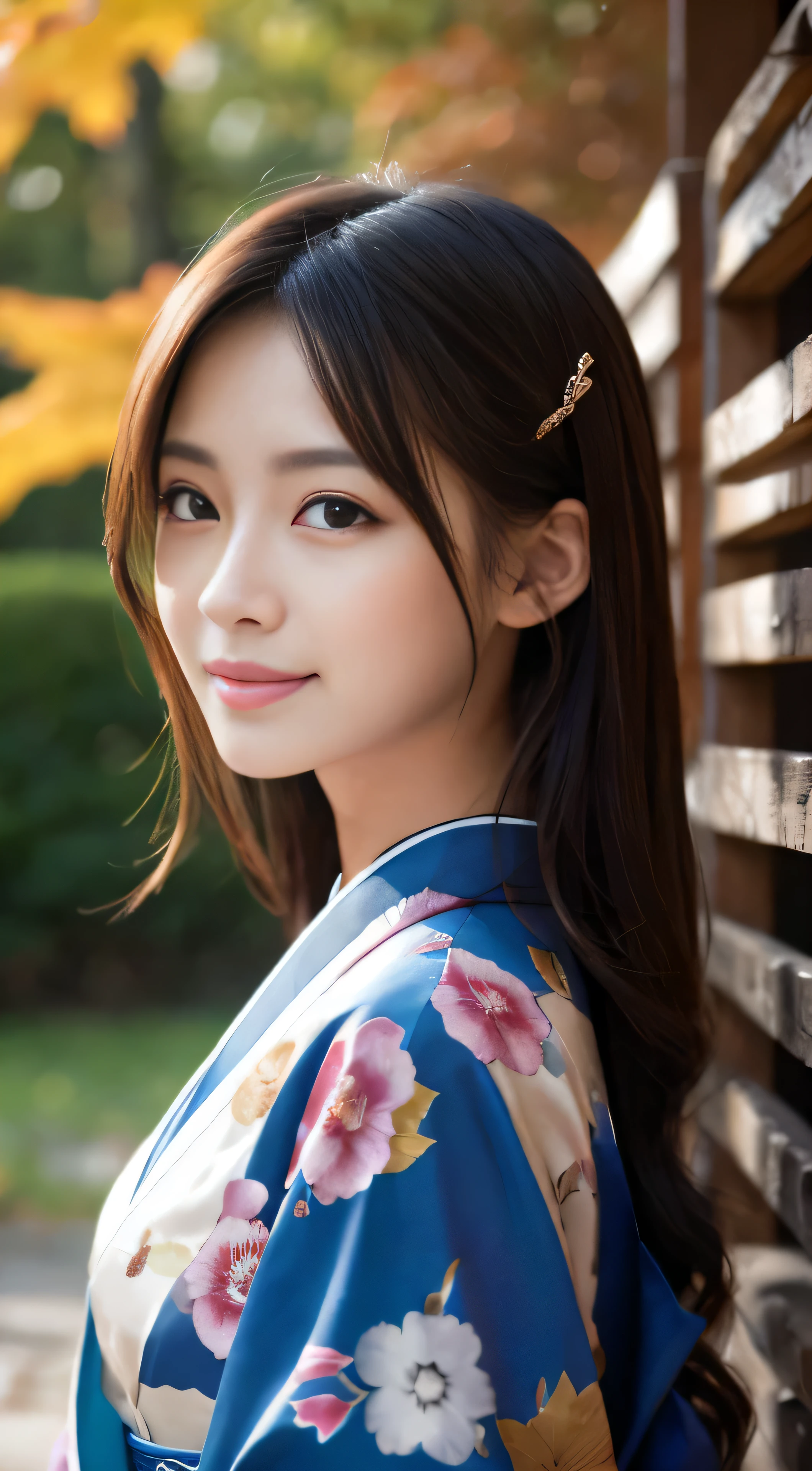 (blue kimono)、(highest quality,masterpiece:1.3,ultra high resolution,),(Super detailed,caustics),(Photoreal:1.4,RAW shooting,)ultra-realistic capture,very detailed,High resolution 16K resolution perfect for human skin、 natural skin texture、、Skin tone looks even and healthy、 Use natural light and color,one woman,Japanese,,cute,chestnut hair,middle hair,(Depth of written boundary、chromatic aberration、、wide range of lighting、natural shading、)(hair swaying in the wind:1.2)、Under the bright red autumn leaves,Looking at camera with a smile,