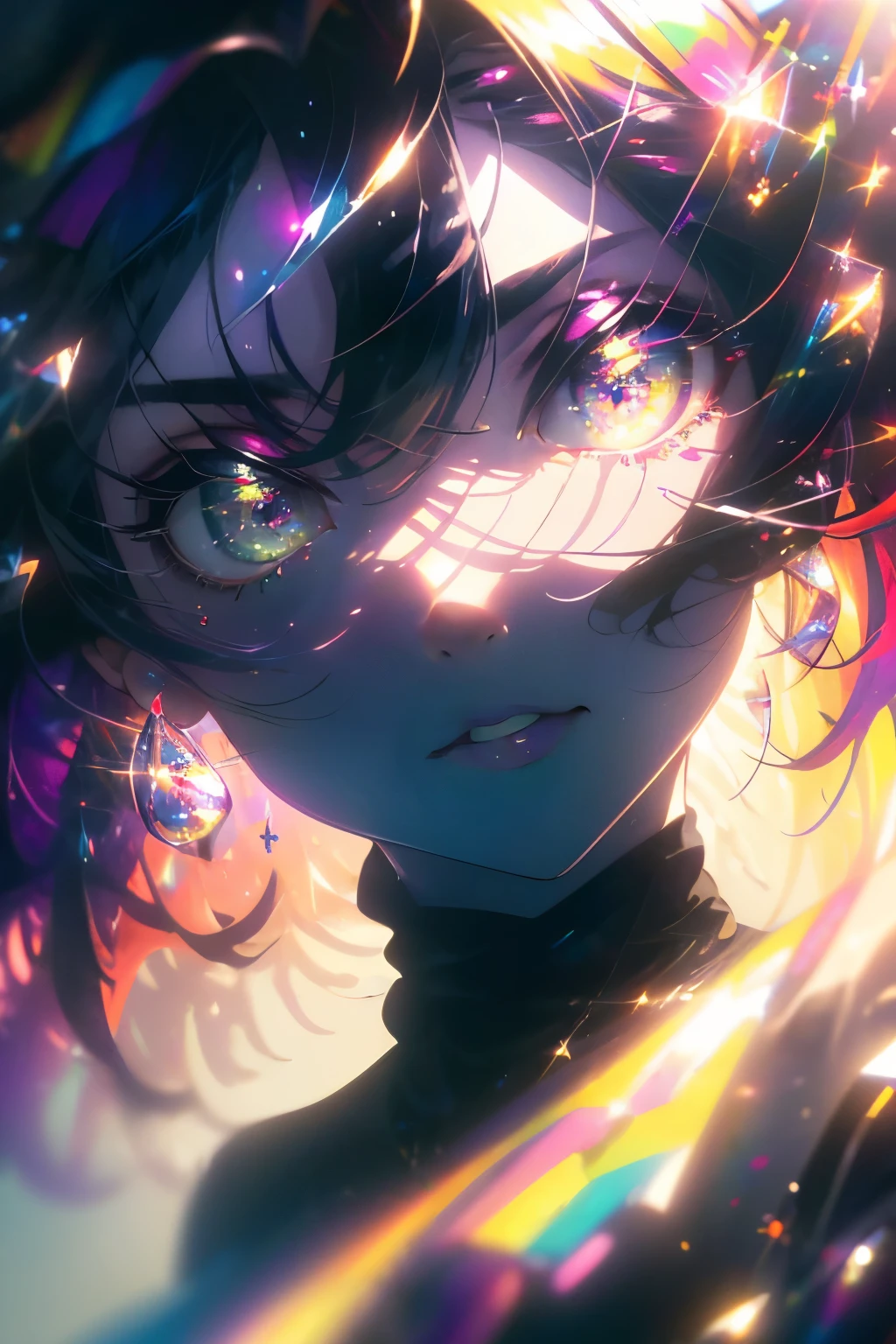 ((masterpiece,High resolution,8K quality,highest quality)),1 girl,((highly detailed face)),woman,delicate eyes,((purple eyes)),((hairstyle on:Circular cut,black haired,hair that shines in the light)),Lens flare,dramatic makeup,smile gracefully,natural complexion,big and full ,Diffuse reflection of light((Colorful:1.5)),