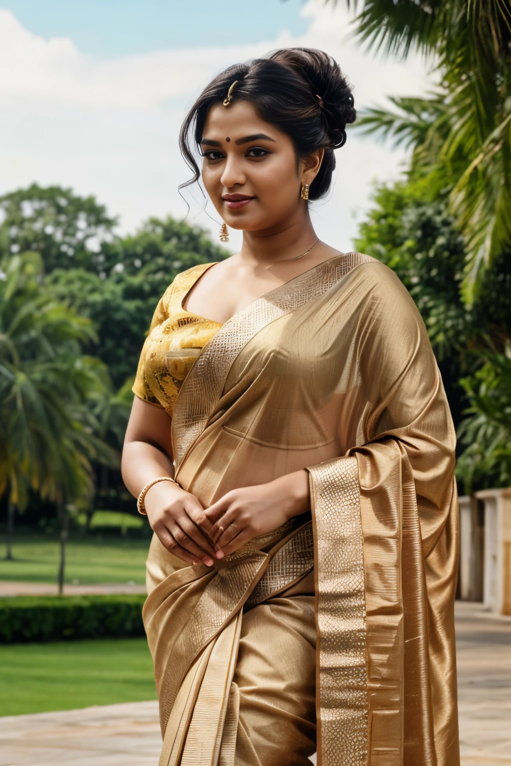 (best quality,4k,8k,highres,masterpiece:1.2),ultra-detailed,(realistic,photorealistic,photo-realistic:1.37), Indian woman wearing (fully draped) saree (Indian saree), (young woman), 20 years old, (chubby cheeks:1.3), (curvy body:1.2), (eyeglasses), (bindi), An Indian beauty, charismatic, light Indian- skin, full-body front-view, view the viewer, luxurious villa in the background, hd, 2k, 4k , 8k, 16k