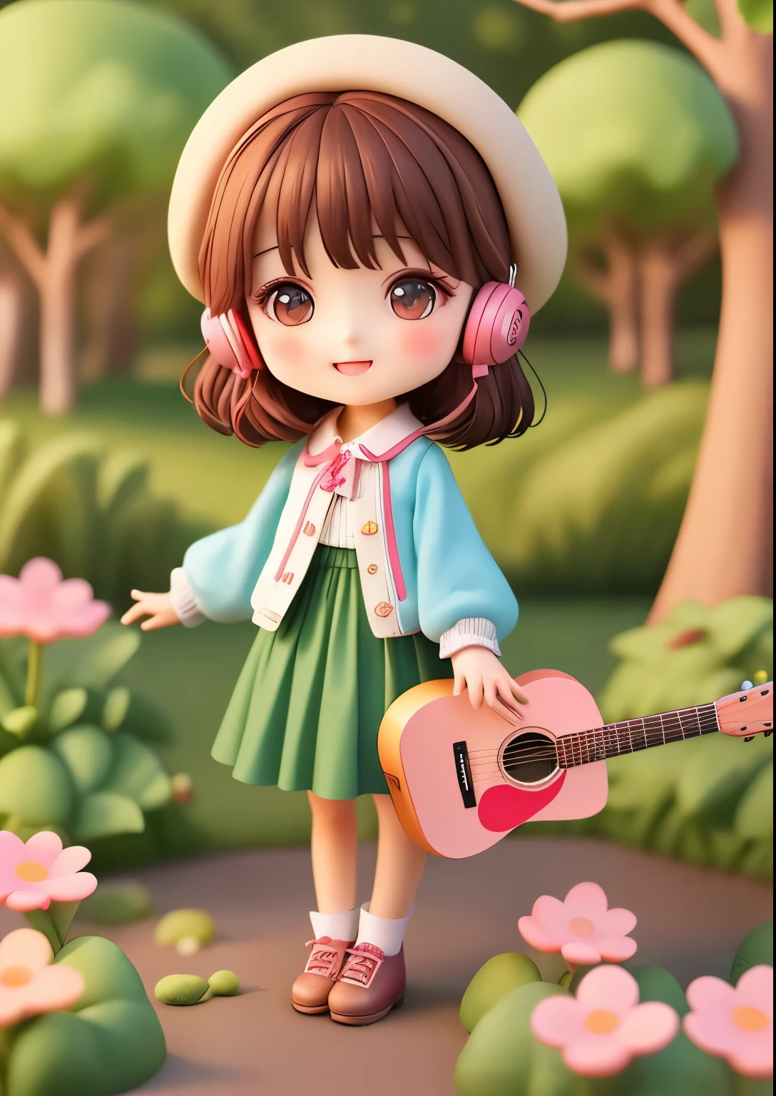 (Masterpiece)、(top quality)、(Super detailed)、(Full body female love:1.1)、1 girl、Hold your chin with both hands,chibi、cute little、a smile、open mouth、Floral fragrance、outdoor、Play the guitar、music、Berets、There is a guitar、jacket、red blush、that tree、:3、shirt、short hair、Cherry tree、Green hat、Vague、brown hair、Blush Sticker、long sleeves、Bangs、earphone、A black-haired one、pink flowers、(Beautiful and delicate face)、(Beautiful and delicate eyes)、