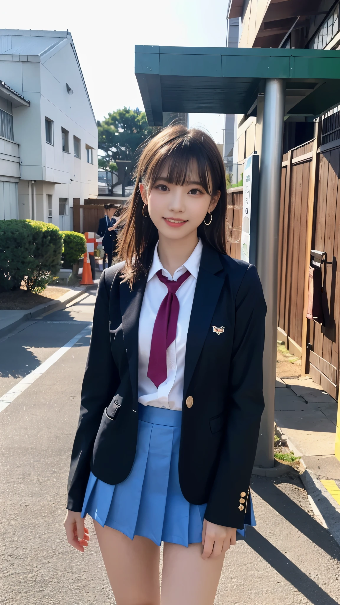 mix 4, (16K, Raw photo, best image quality, masterpiece: 1.45), (realistic, Photoreal: 1.37), one girl, cute, cityscape,, professional lighting, photon mapping, school classroom, Physically based rendering, dark brown hair,ponytail hairstyle, Beautiful well-groomed eyes、((double eyelid))、super cute girl, (((school uniform、blazer、Long-sleeved shirts worn by Japanese high school girls、ribbon tie、Navy blue super super super mini skirt,、dark blue socks、black loafers))), highest quality photos, High resolution, 1080P, (clear face), (Detailed facial description), (detailed description of hands), (masterpiece), (Detailed CG)、extreme light and shadow、messy hair、master work、Rich details、(detailed facial features)、(highest quality photos)、(Masseter muscle part)、(detailed eye)、look in front of you、thin clavicle、((slender and big))、(((Japanese high school girls wear long-sleeved shirts)))、((neat idol))、((school gate、schoolyard、School building in the background))、(Take photos from random viewpoints)、(((Anyway it's cute)))、earrings、big smile、Draw the whole body from the knees、Do not draw fine lines、(((Sports bags used by Japan schoolgirls)))、(small breasts:1.2)、small buttocks with tension、Two arms and two legs、(((from the front:0.7)))、bare hands、(((symmetrical eyes)))、standing pose、put your hands on the desk、Do not remove the tie from the jacket、