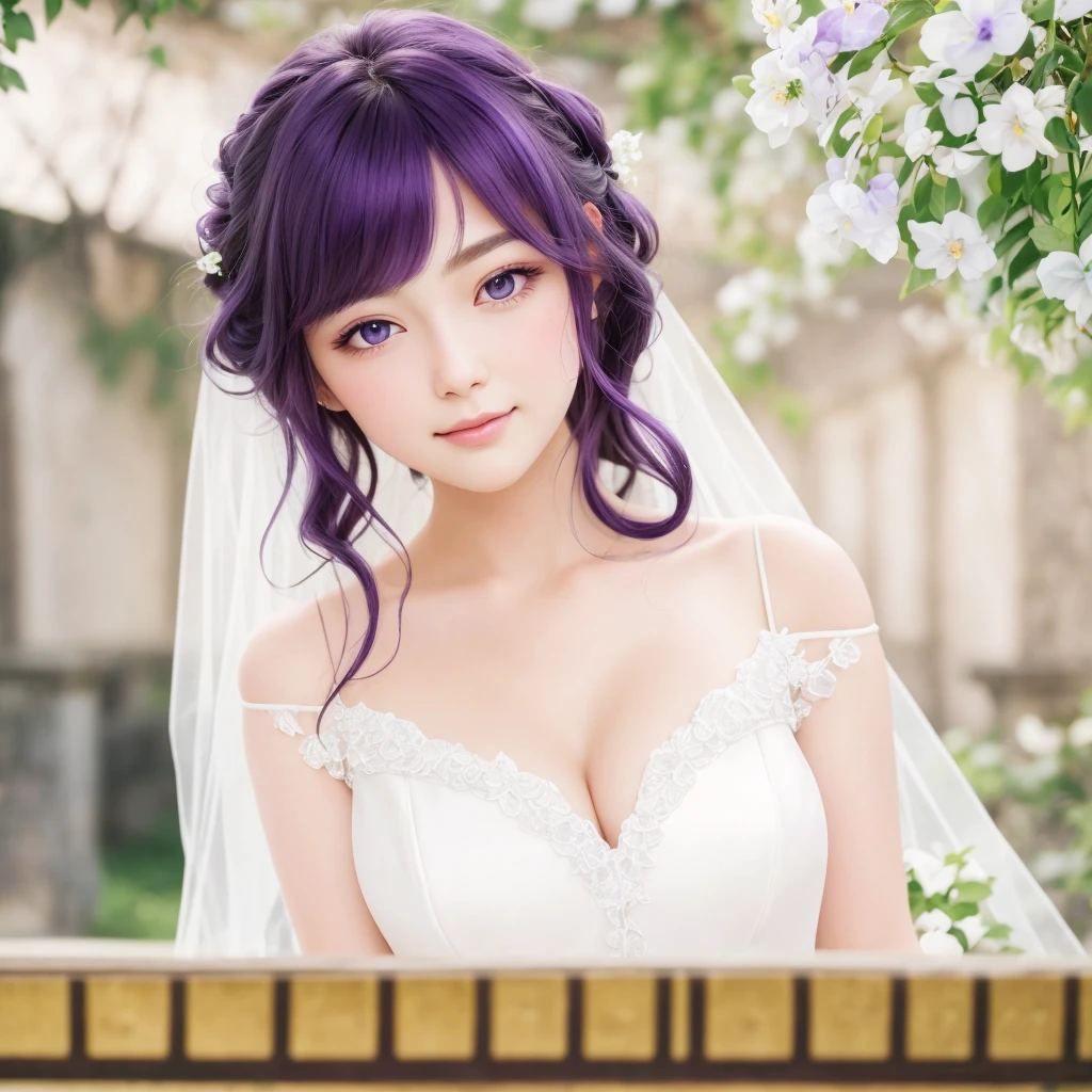 Best image quality, outstanding detail, ultra high resolution, (realism: 0), best illustration, prefer details, highly condensed 1girl, delicate and beautiful face, long hair, disheveled hair, big, blush, cleavage, delicated skin, a beautiful woman with violet hair and bright violet eyes, weeding dress, in a weeding hall garden, happi expression