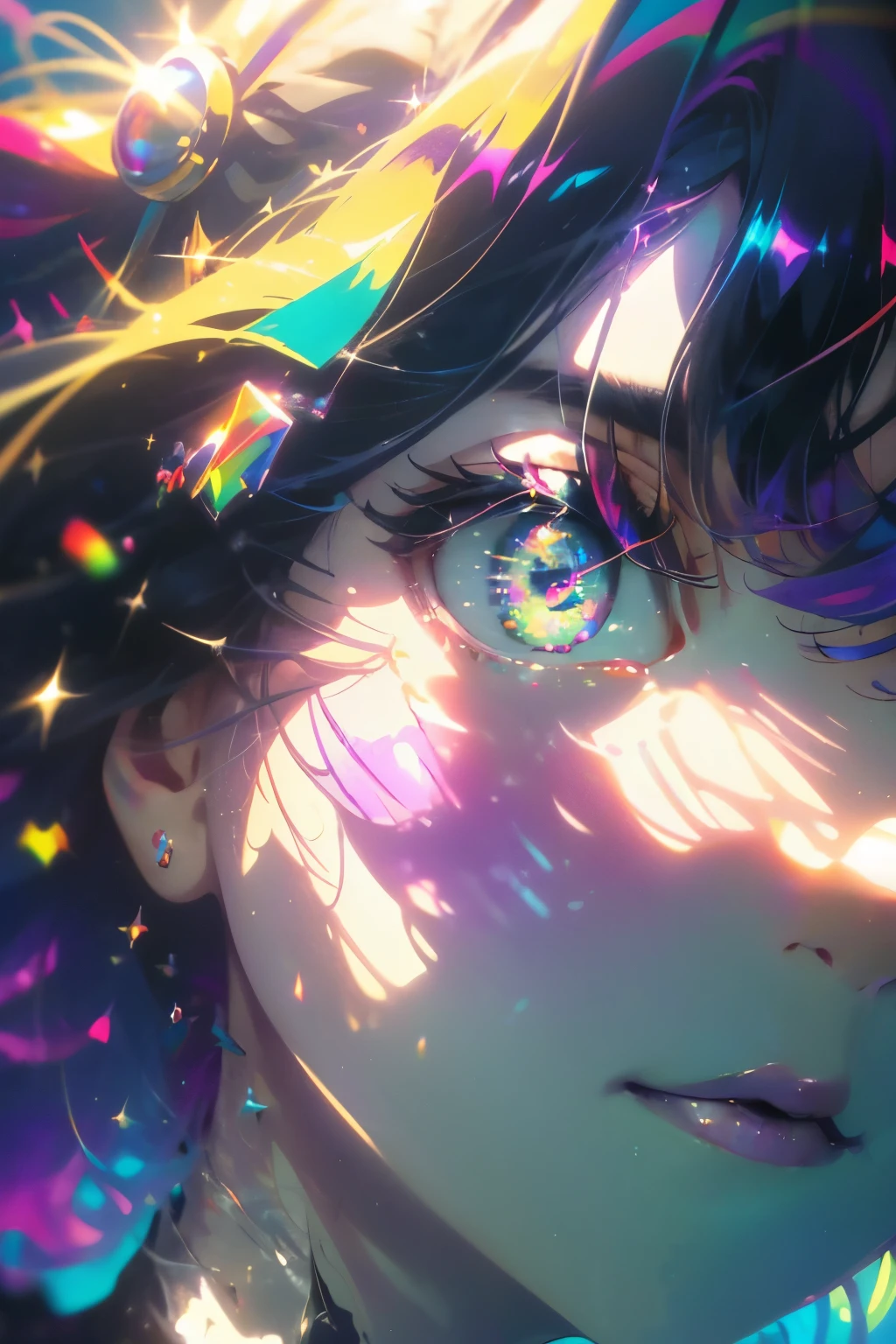 ((masterpiece,High resolution,8K quality,highest quality)),1 girl,((highly detailed face)),woman,delicate eyes,((purple eyes)),((hairstyle on:Circular cut,black haired,hair that shines in the light)),Lens flare,dramatic makeup,smile gracefully,natural complexion,big and full breasts,Diffuse reflection of light((Colorful:1.5)),