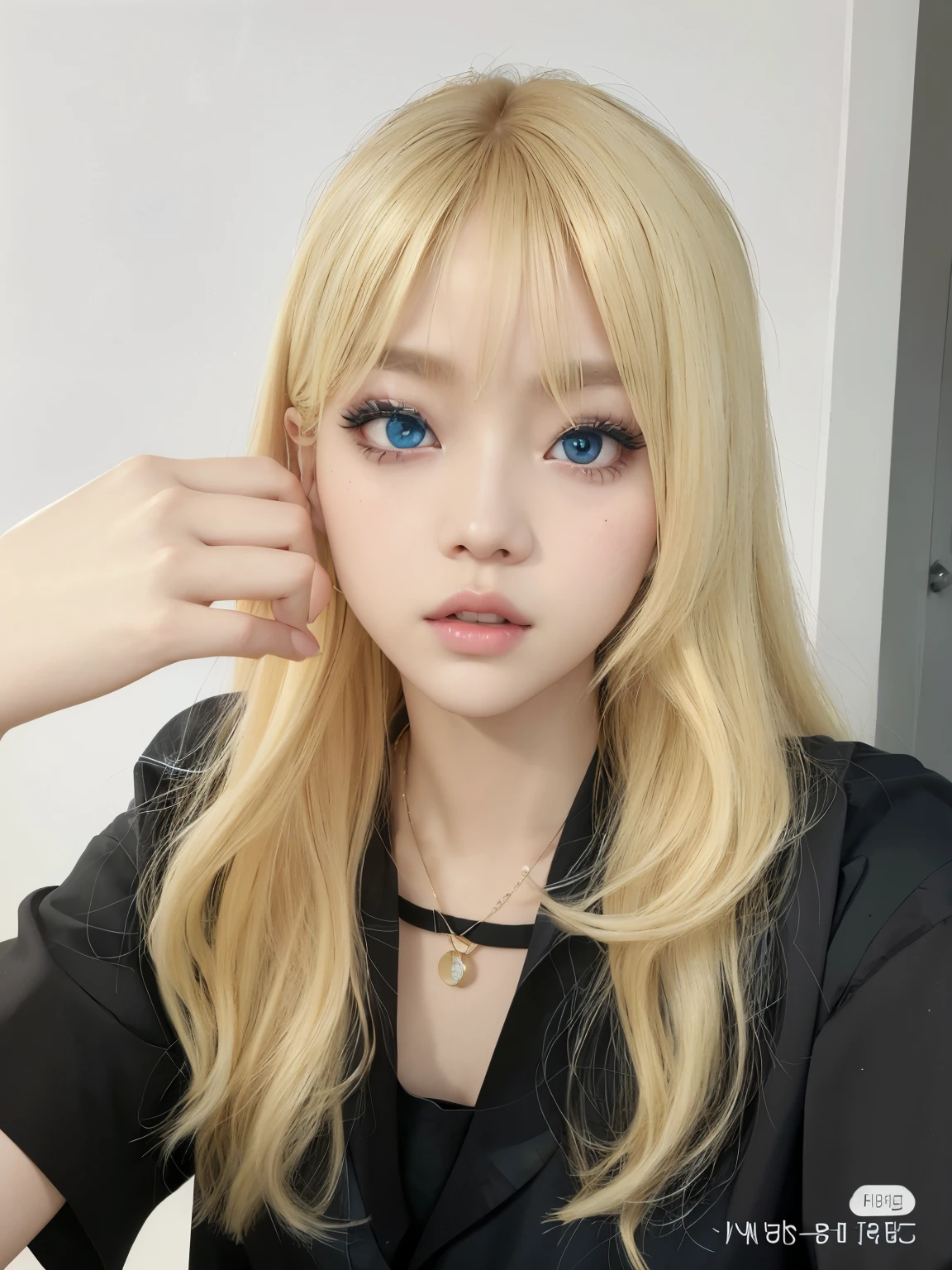 blond girl with blue eyes and long hair wearing a black shirt, lalisa manobal, ulzzang, lalisa manoban of blackpink, popular south korean makeup, portrait of kim petras, long blonde hair and big eyes, blonde hair and large eyes, a girl with blonde hair, long blonde hair and large eyes, portrait of jossi of blackpink